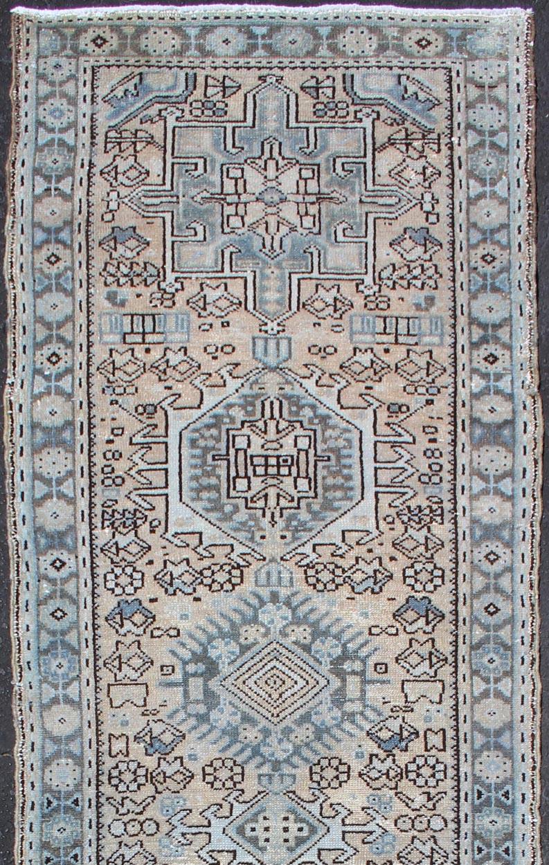 Hand-Knotted Vintage Persian Karadjeh Short Runner with Geometric Motifs