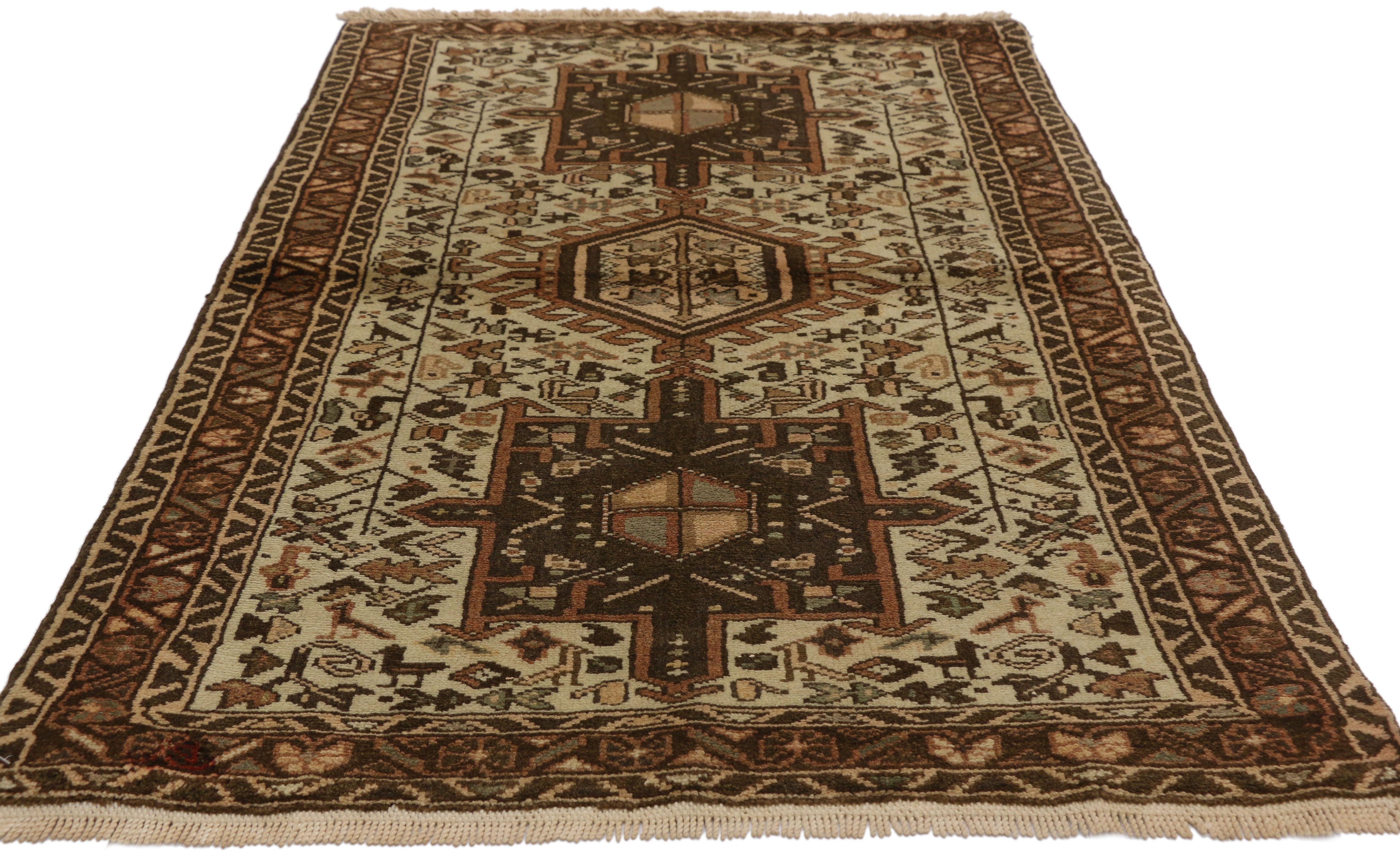 Hand-Knotted Vintage Persian Karaja Heriz Accent Rug with Mid-Century Modern Style For Sale