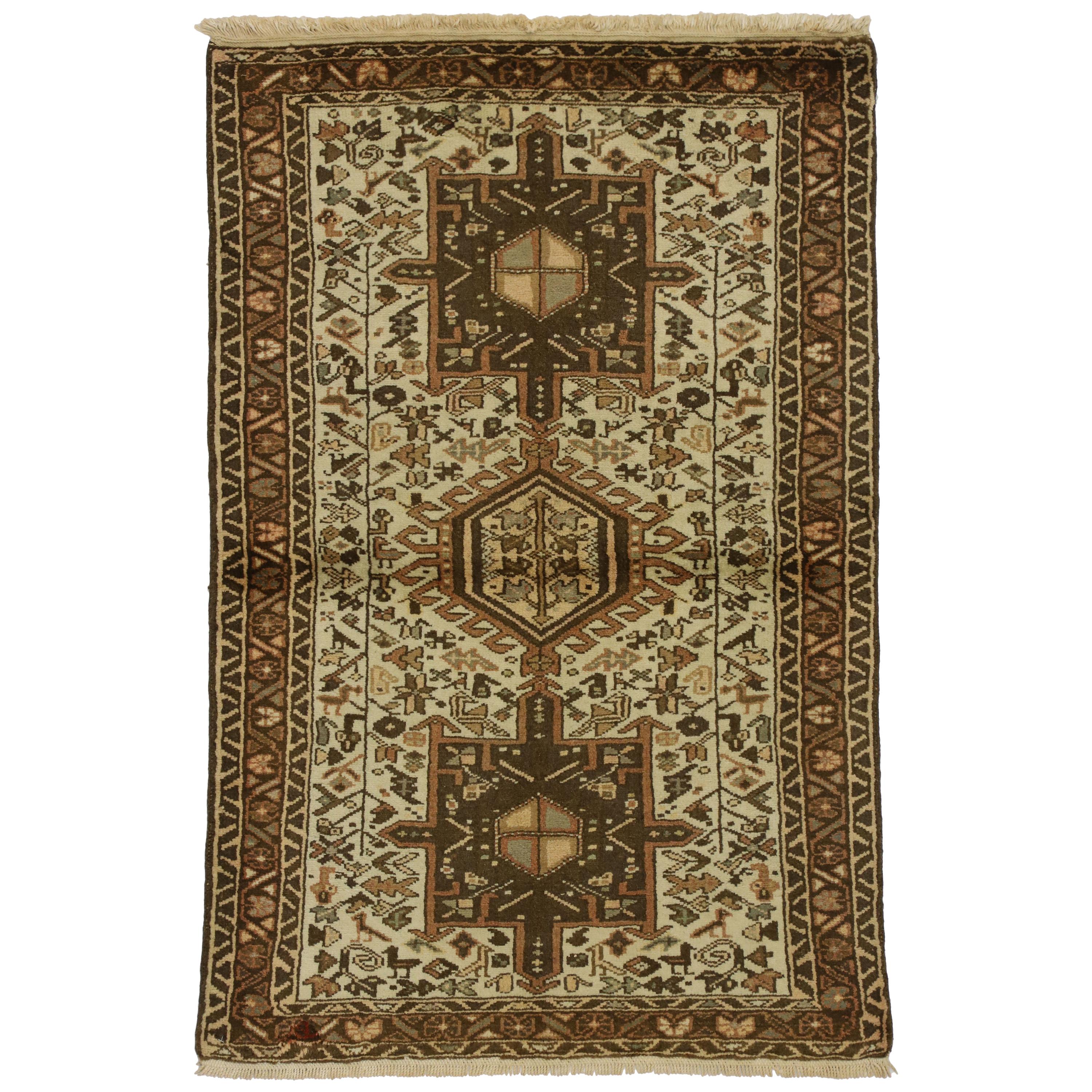 Vintage Persian Karaja Heriz Accent Rug with Mid-Century Modern Style For Sale