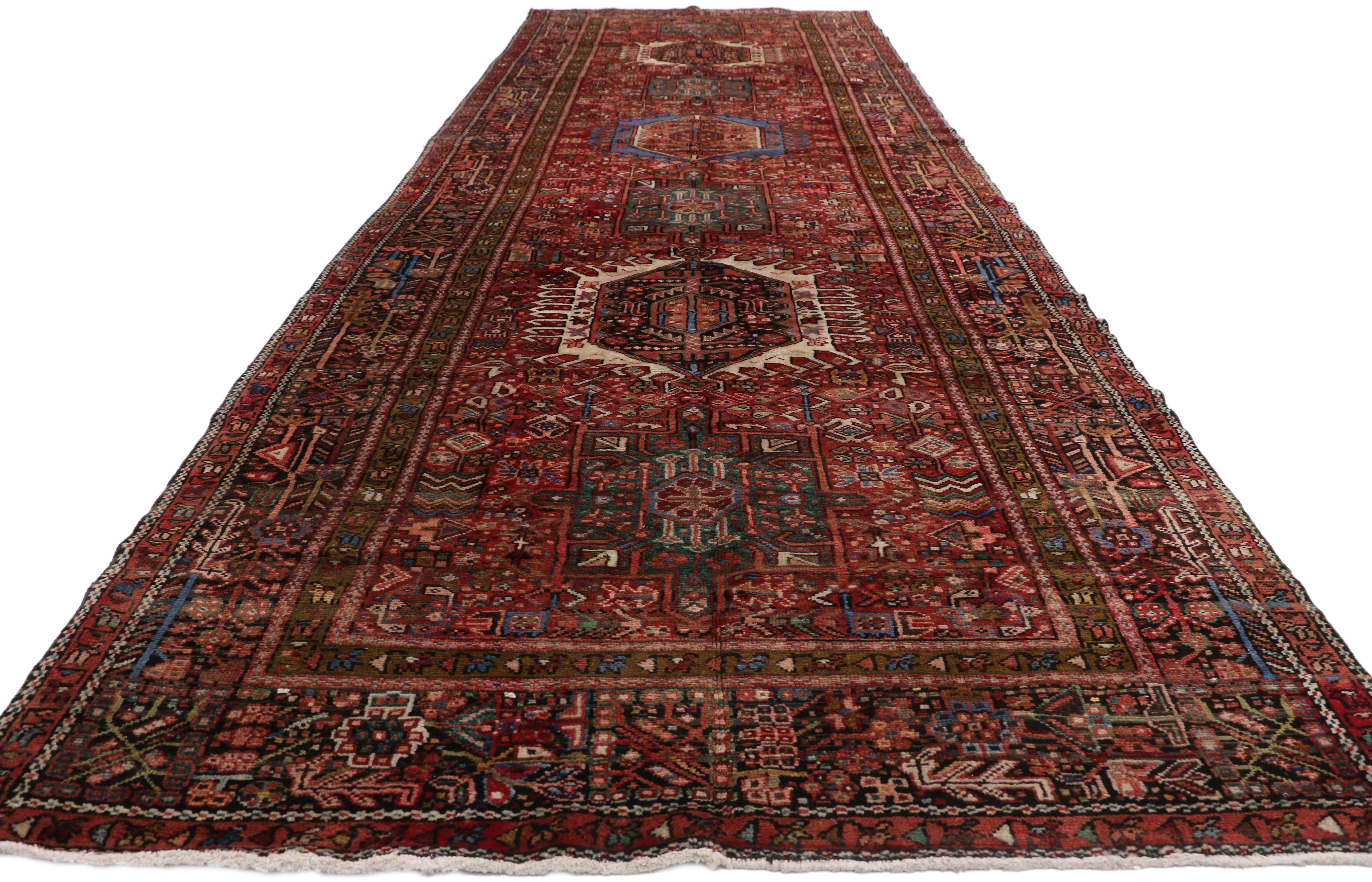 Hand-Knotted Vintage Persian Karaja Heriz Gallery Rug, Wide Hallway Runner Tribal Style  For Sale