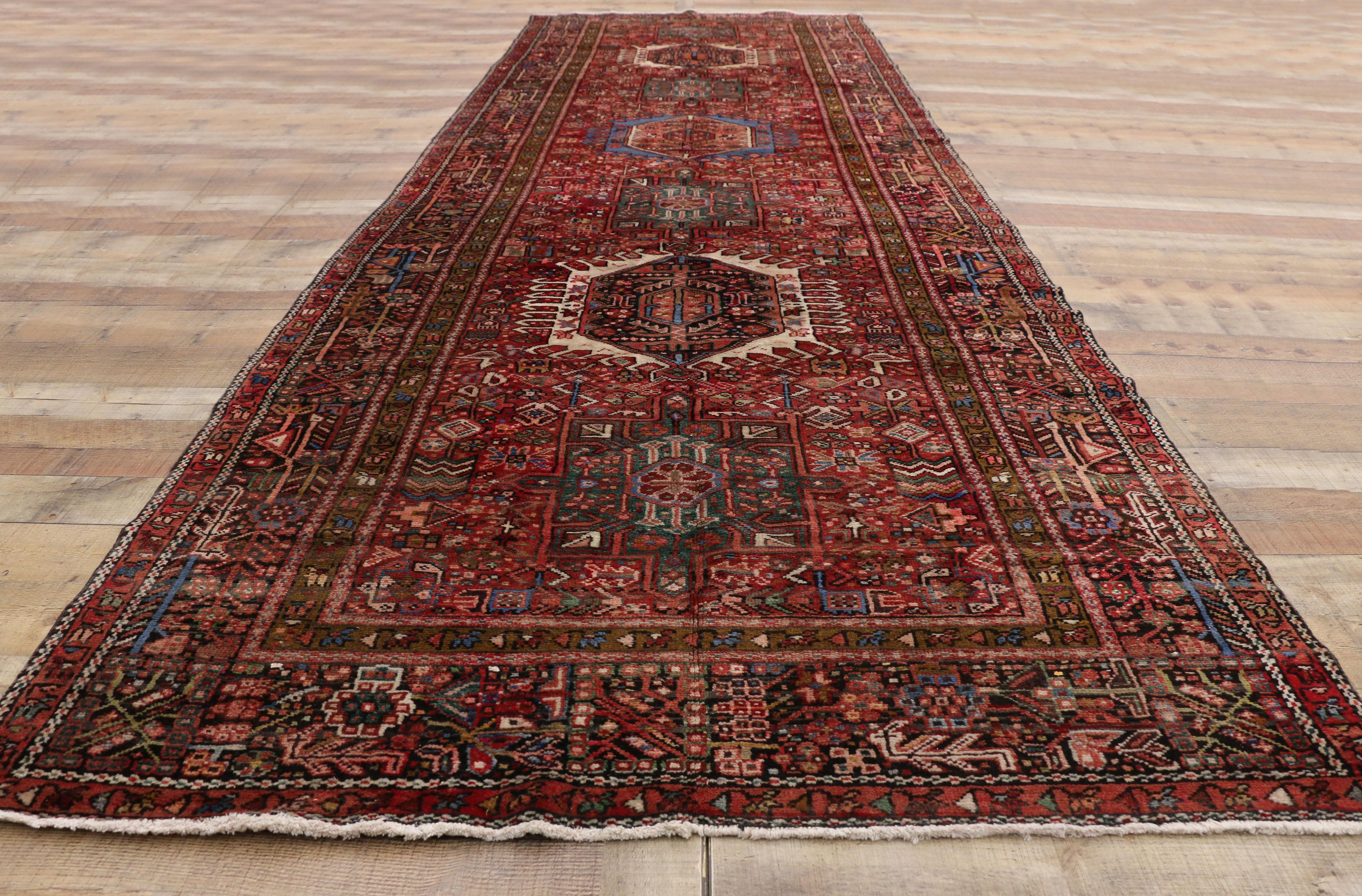 Vintage Persian Karaja Heriz Gallery Rug, Wide Hallway Runner Tribal Style For Sale 1