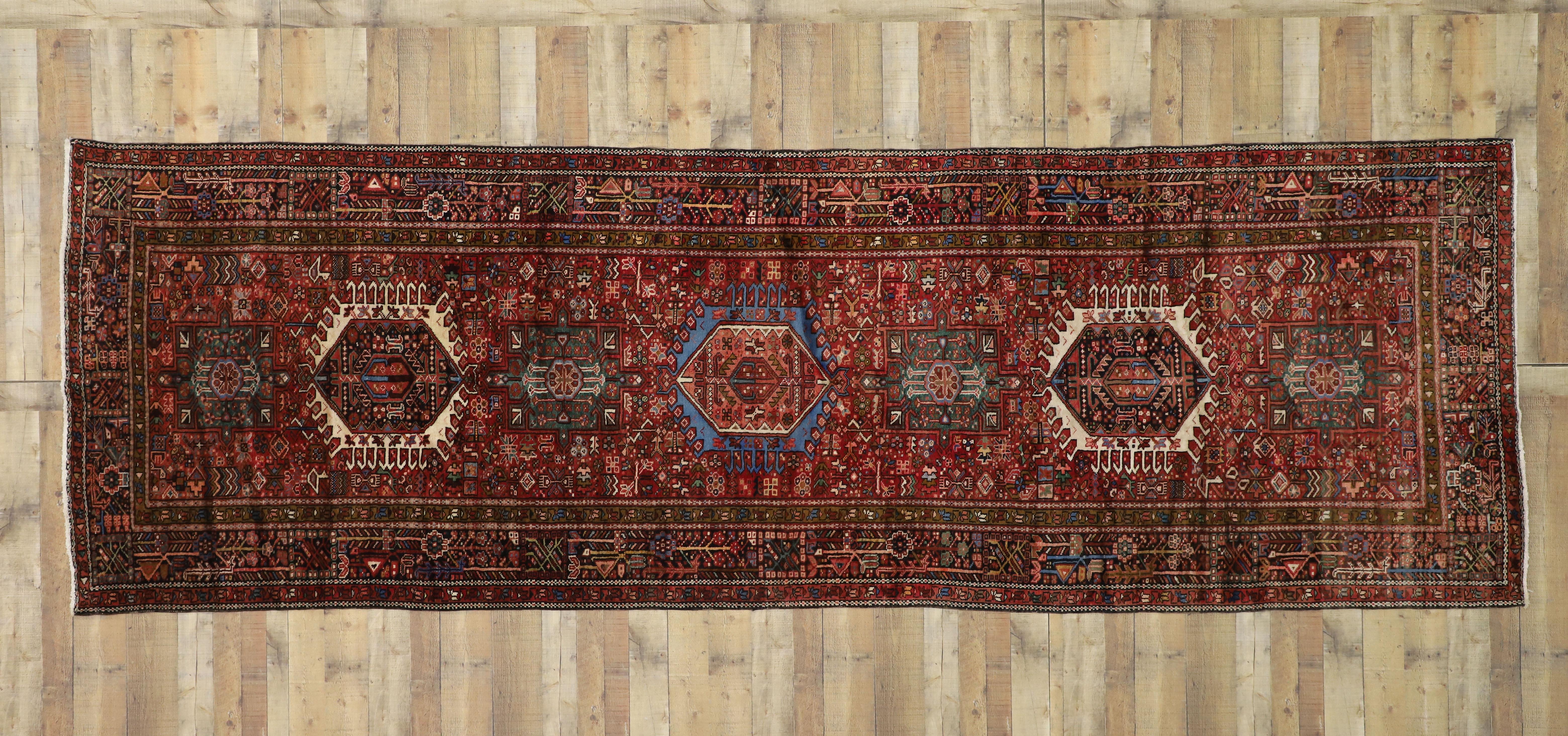 Vintage Persian Karaja Heriz Gallery Rug, Wide Hallway Runner Tribal Style  For Sale 2