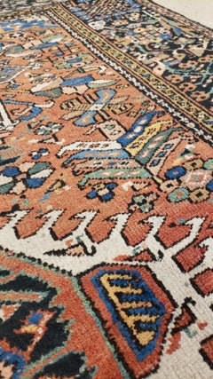 Tapis persan Karaja vintage, laine artisanale, rouille, ivoire, bleu clair