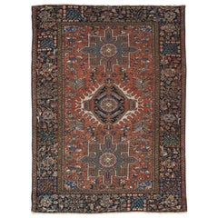 Tapis persan Karaja vintage, laine artisanale, rouille, ivoire, bleu clair