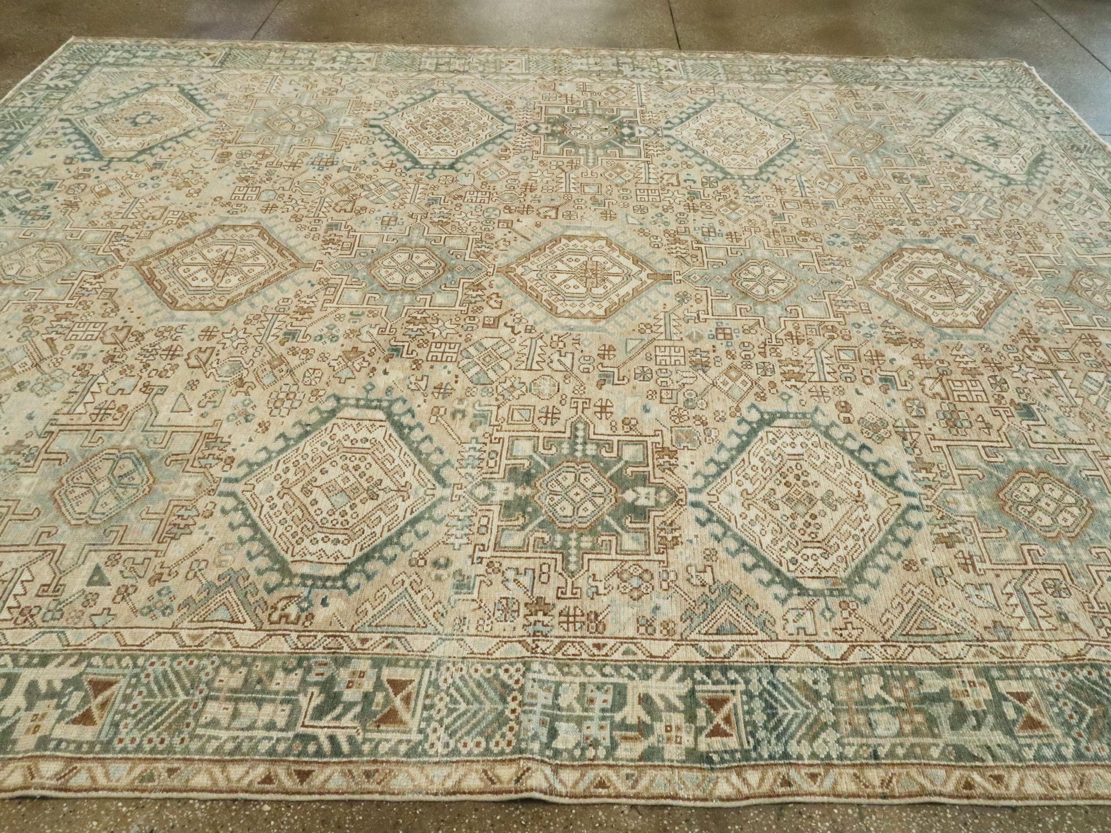 Mid-Century Persian Room Size Carpet With A Tribal Design In Teal and Sand Color 4