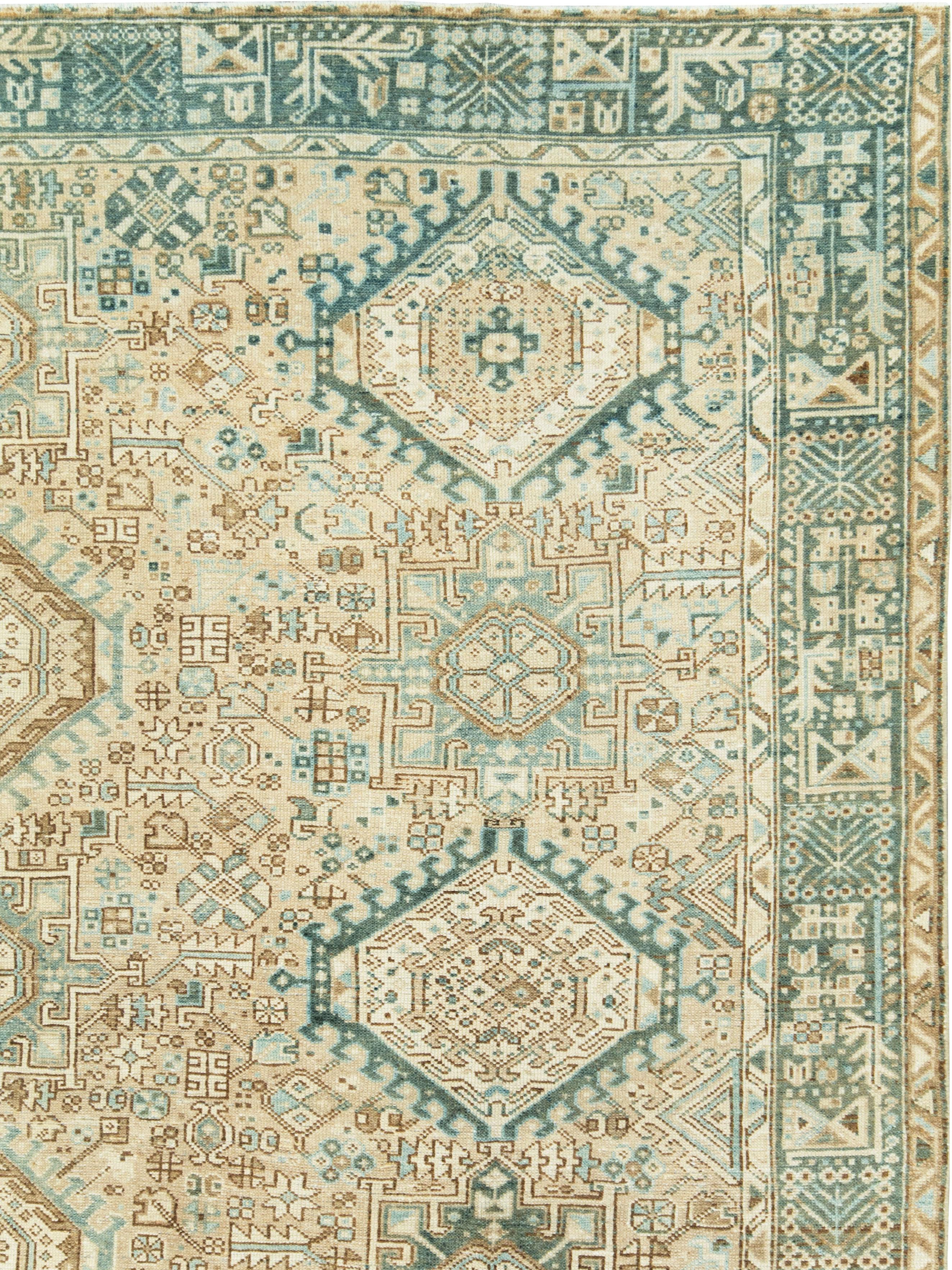 Hand-Knotted Mid-Century Persian Room Size Carpet With A Tribal Design In Teal and Sand Color