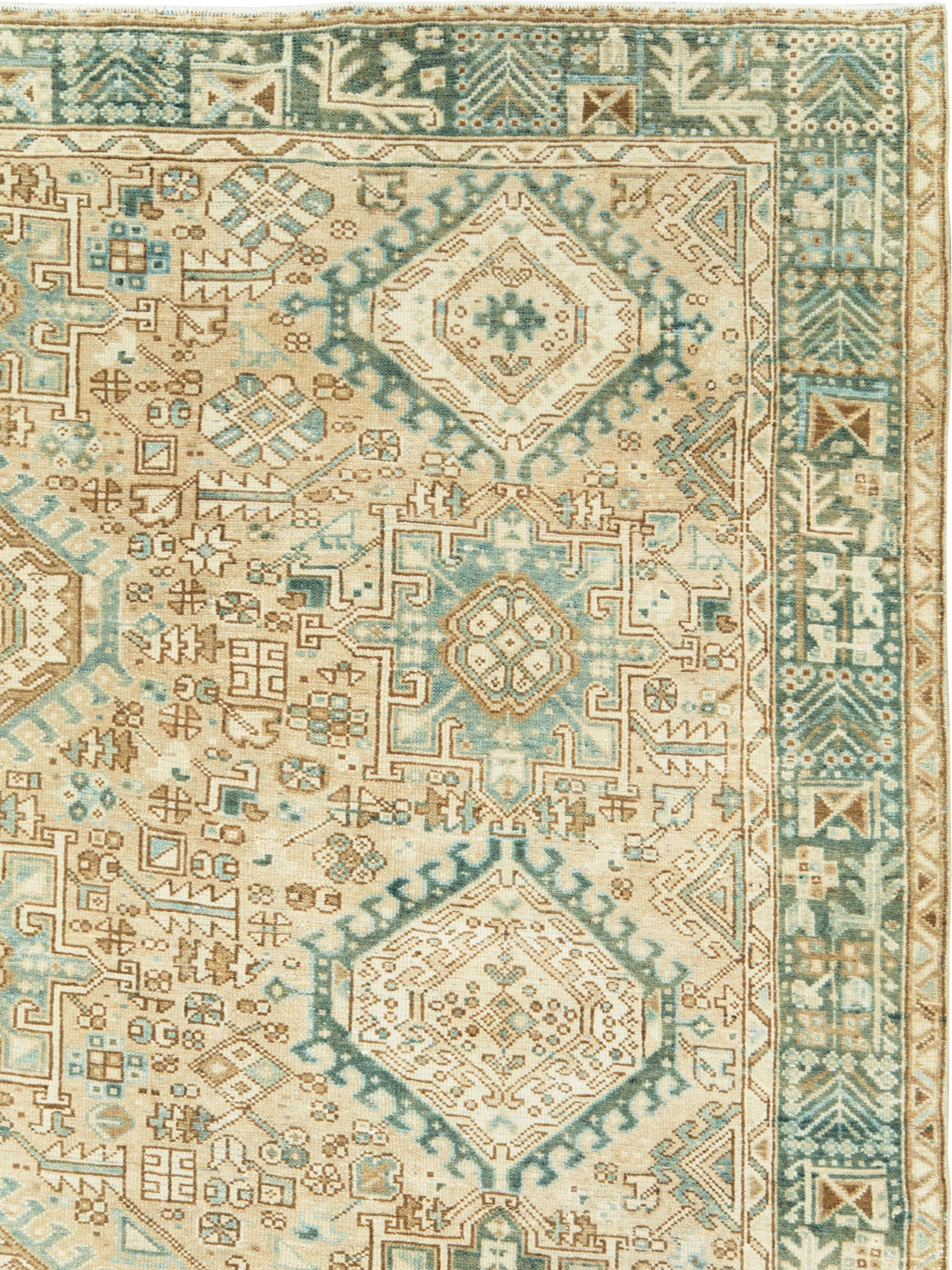 Mid-Century Persian Room Size Carpet With A Tribal Design In Teal and Sand Color In Good Condition In New York, NY