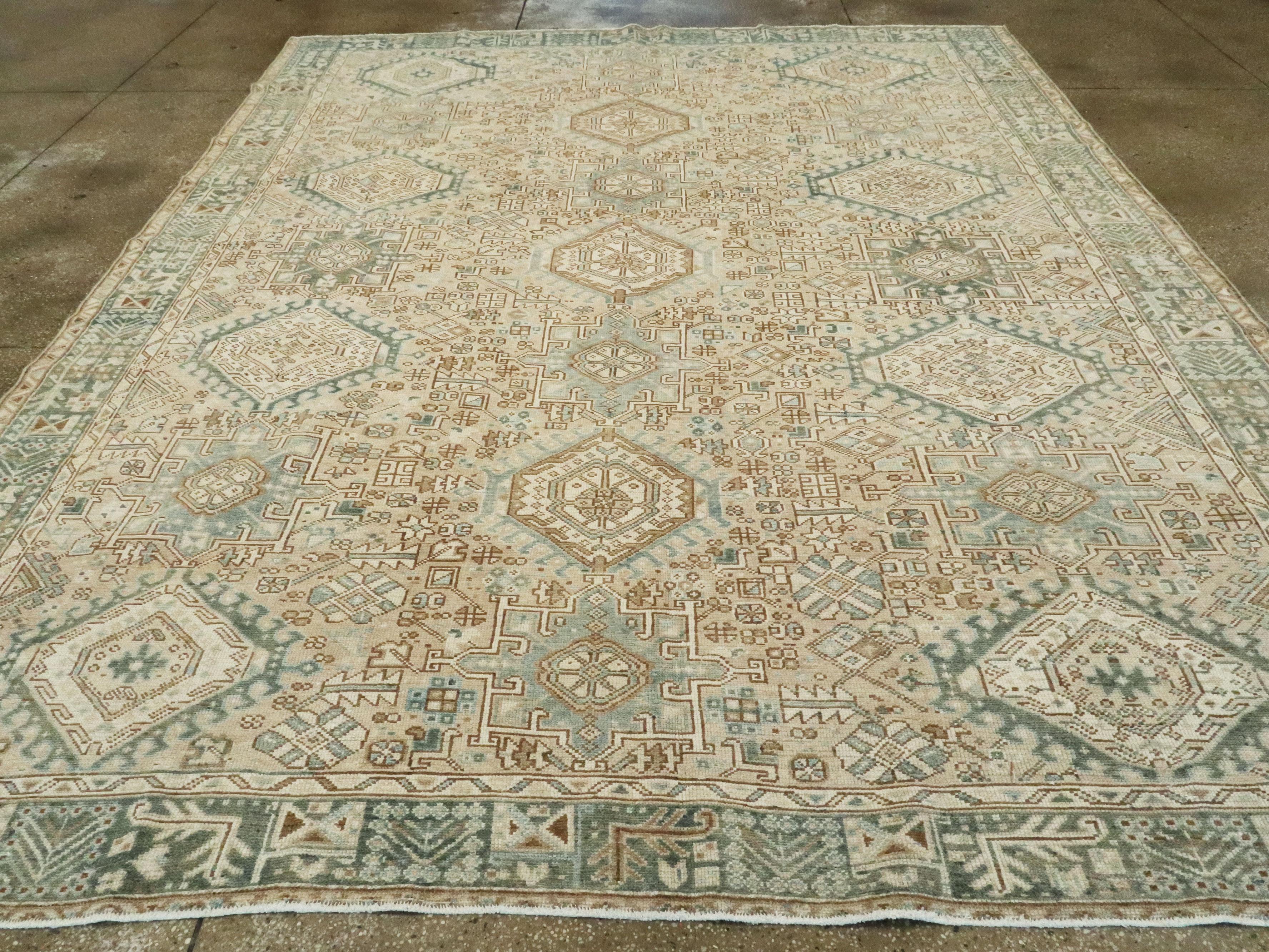 20th Century Mid-Century Persian Room Size Carpet With A Tribal Design In Teal and Sand Color