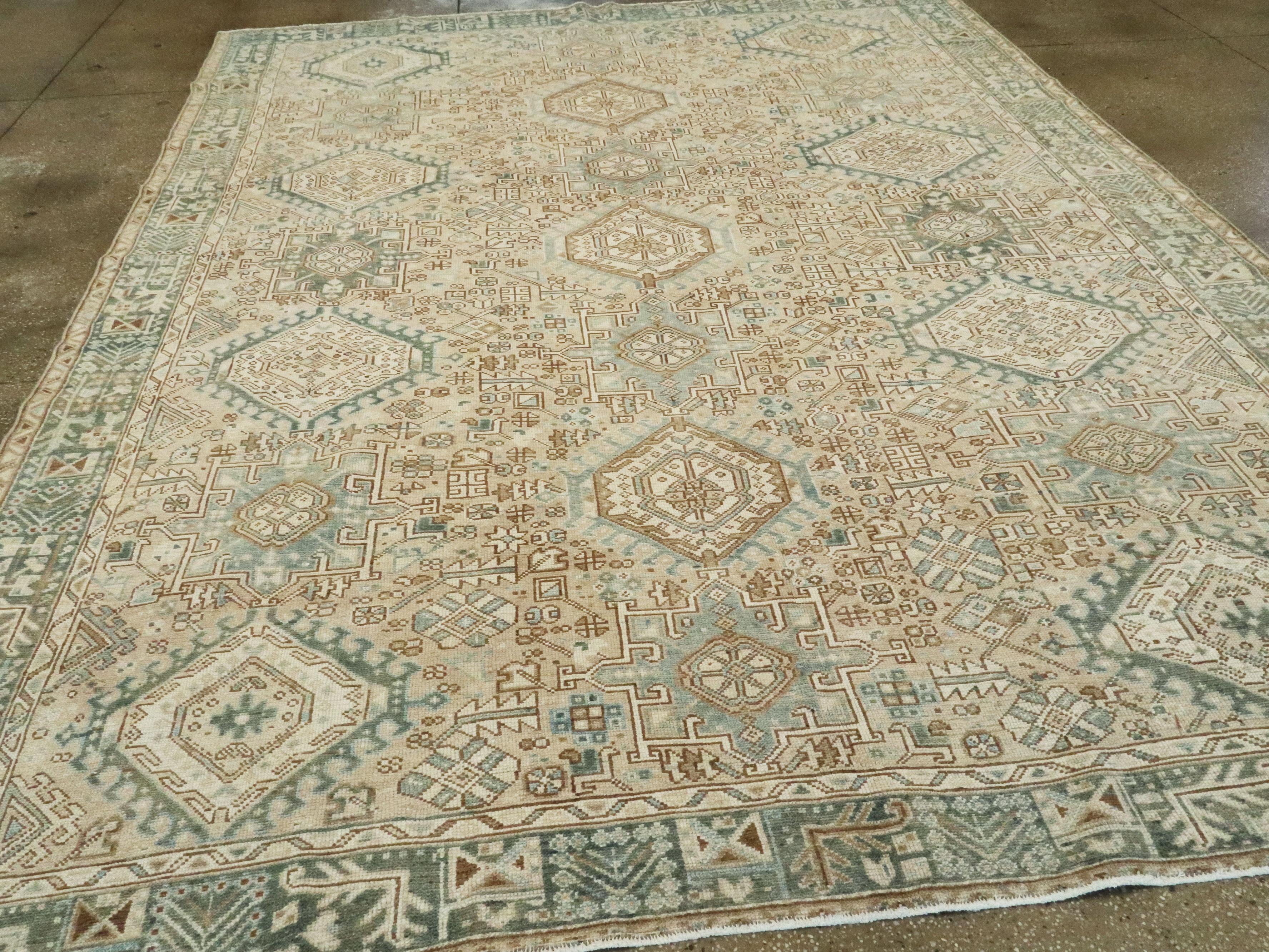 Wool Mid-Century Persian Room Size Carpet With A Tribal Design In Teal and Sand Color