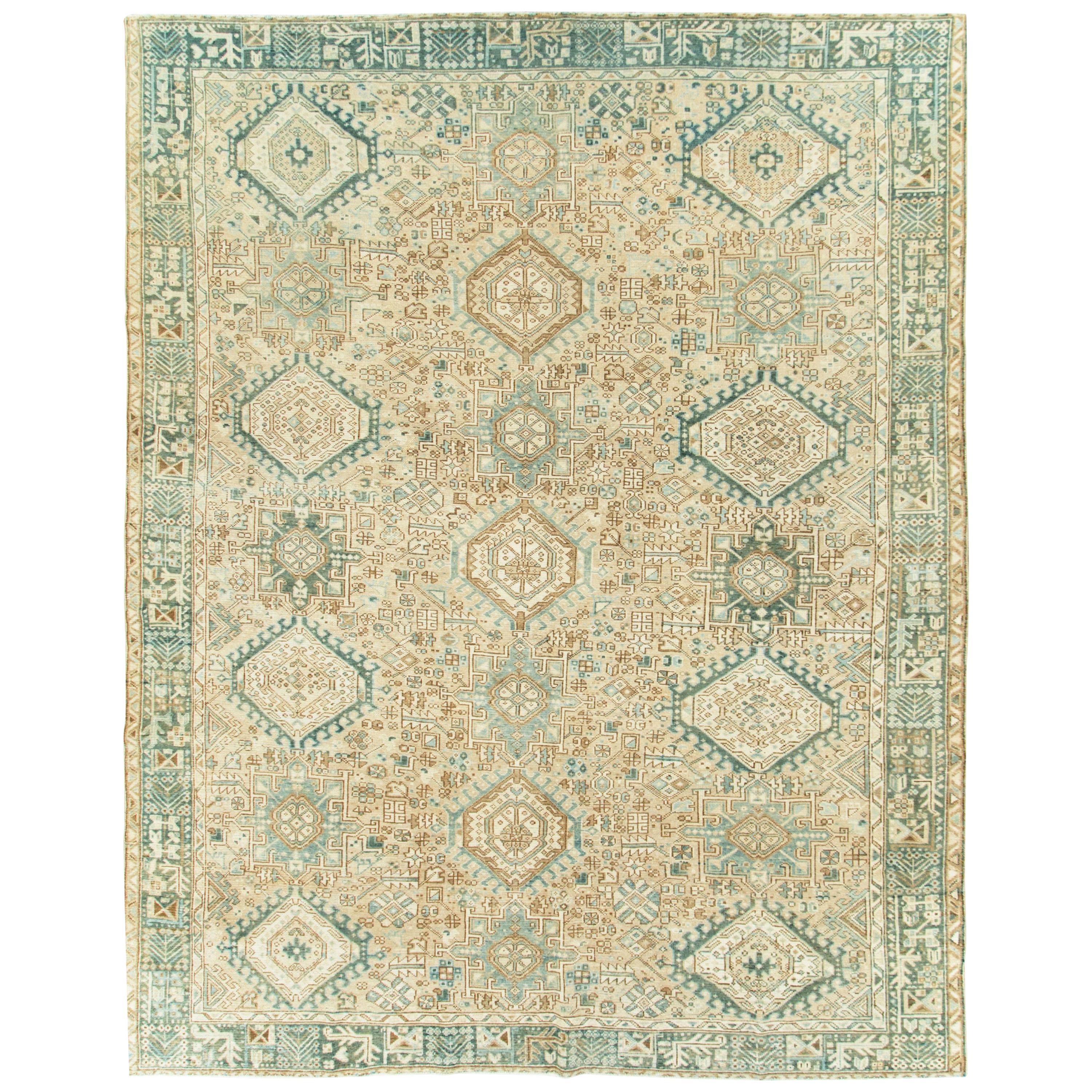 Mid-Century Persian Room Size Carpet With A Tribal Design In Teal and Sand Color