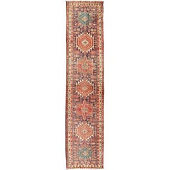 Vintage Persian Karajeh Runner with Central Medallions in Rust and Denim Blue