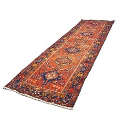 Vintage Persian Karajeh Wool 3x11 Rust, Blue & Ivory Handmade Runner Rug