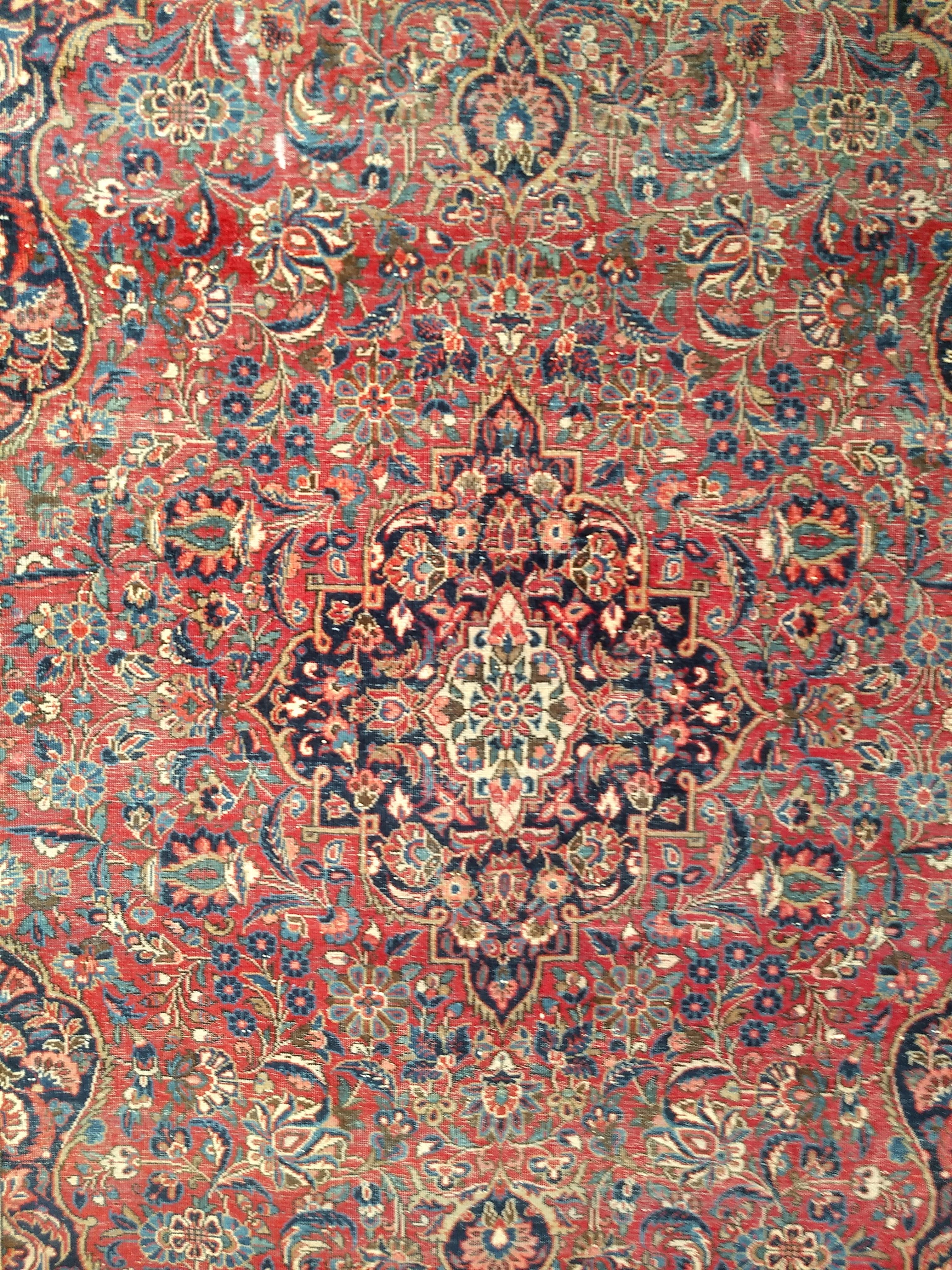 Vintage  Persian Kashan Area Rug in Floral Pattern in Burgundy, Navy Blue, Ivory In Good Condition For Sale In Barrington, IL