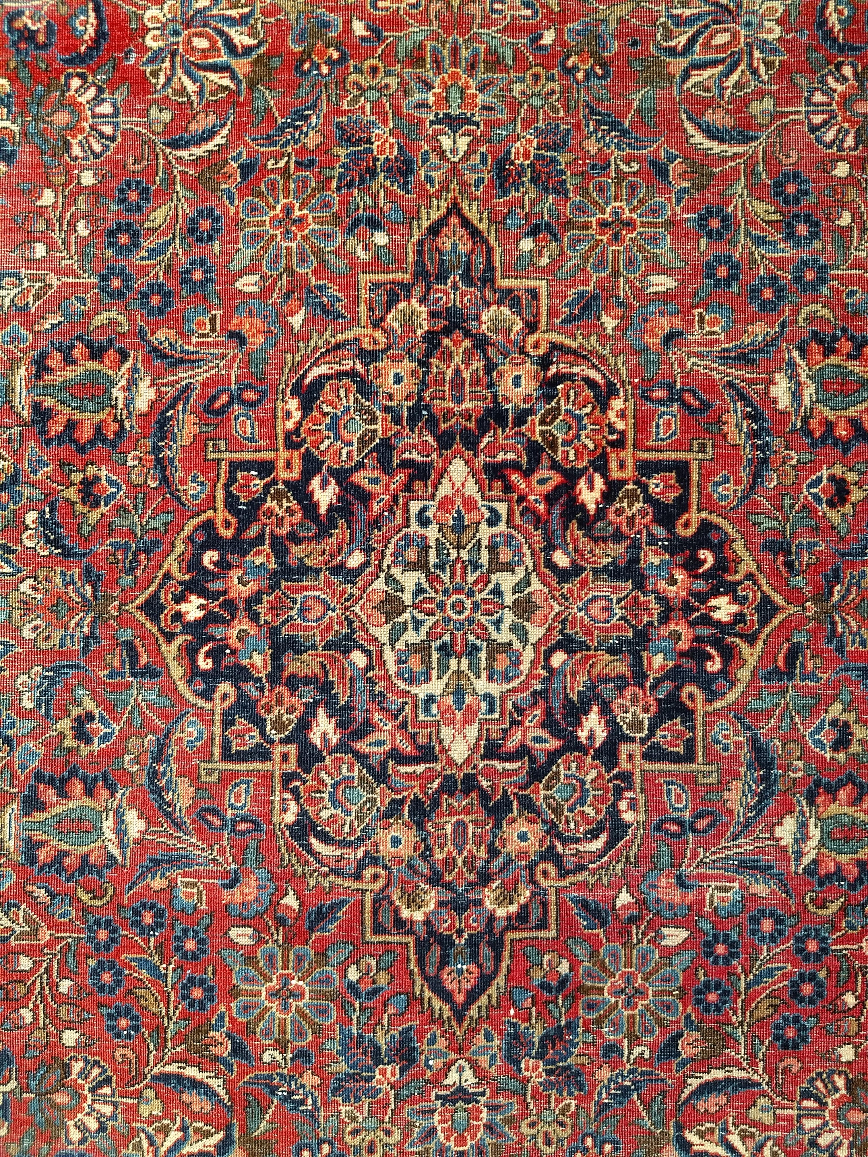 Wool Vintage  Persian Kashan Area Rug in Floral Pattern in Burgundy, Navy Blue, Ivory For Sale