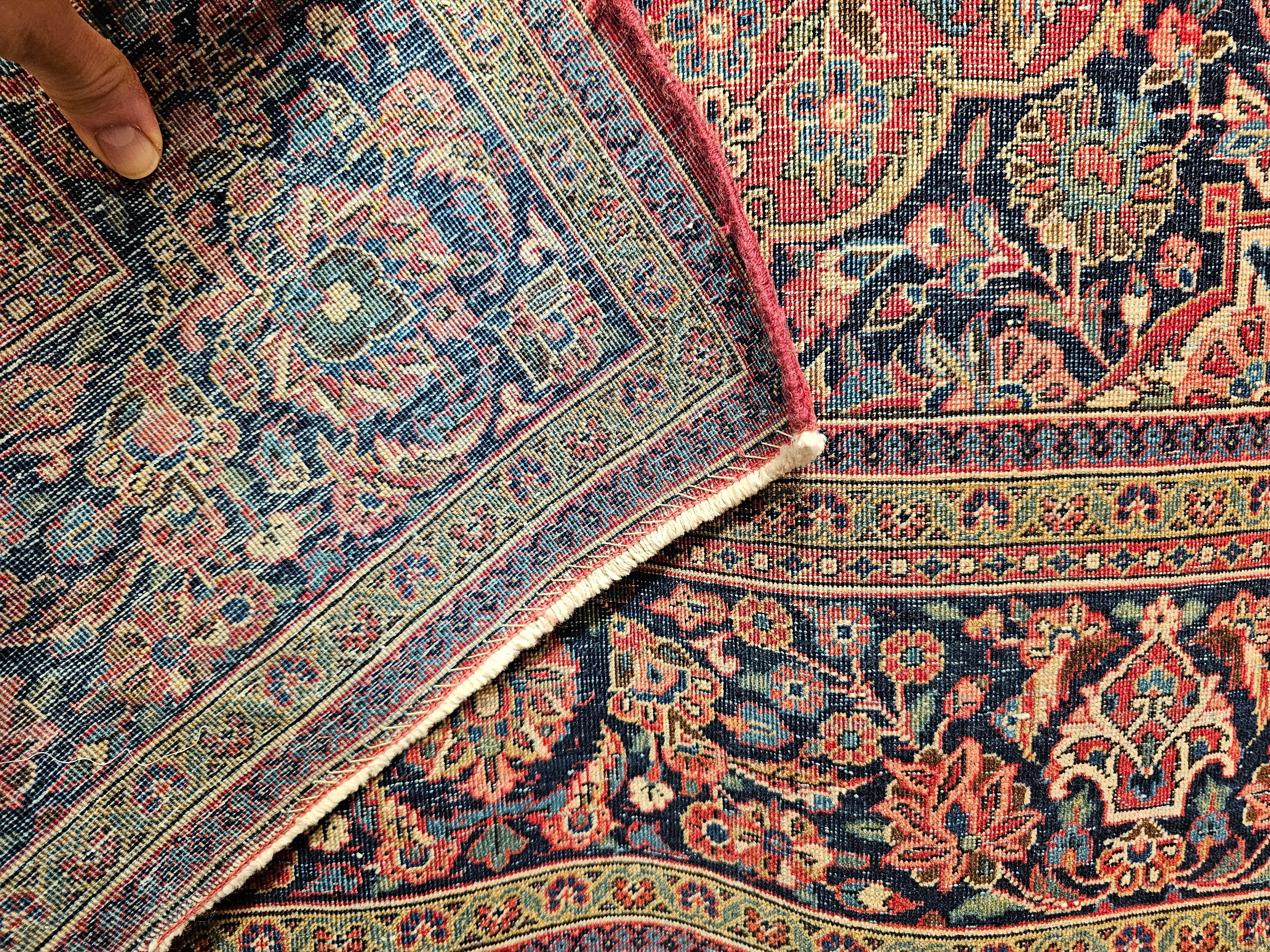 Vintage  Persian Kashan Area Rug in Floral Pattern in Burgundy, Navy Blue, Ivory For Sale 1