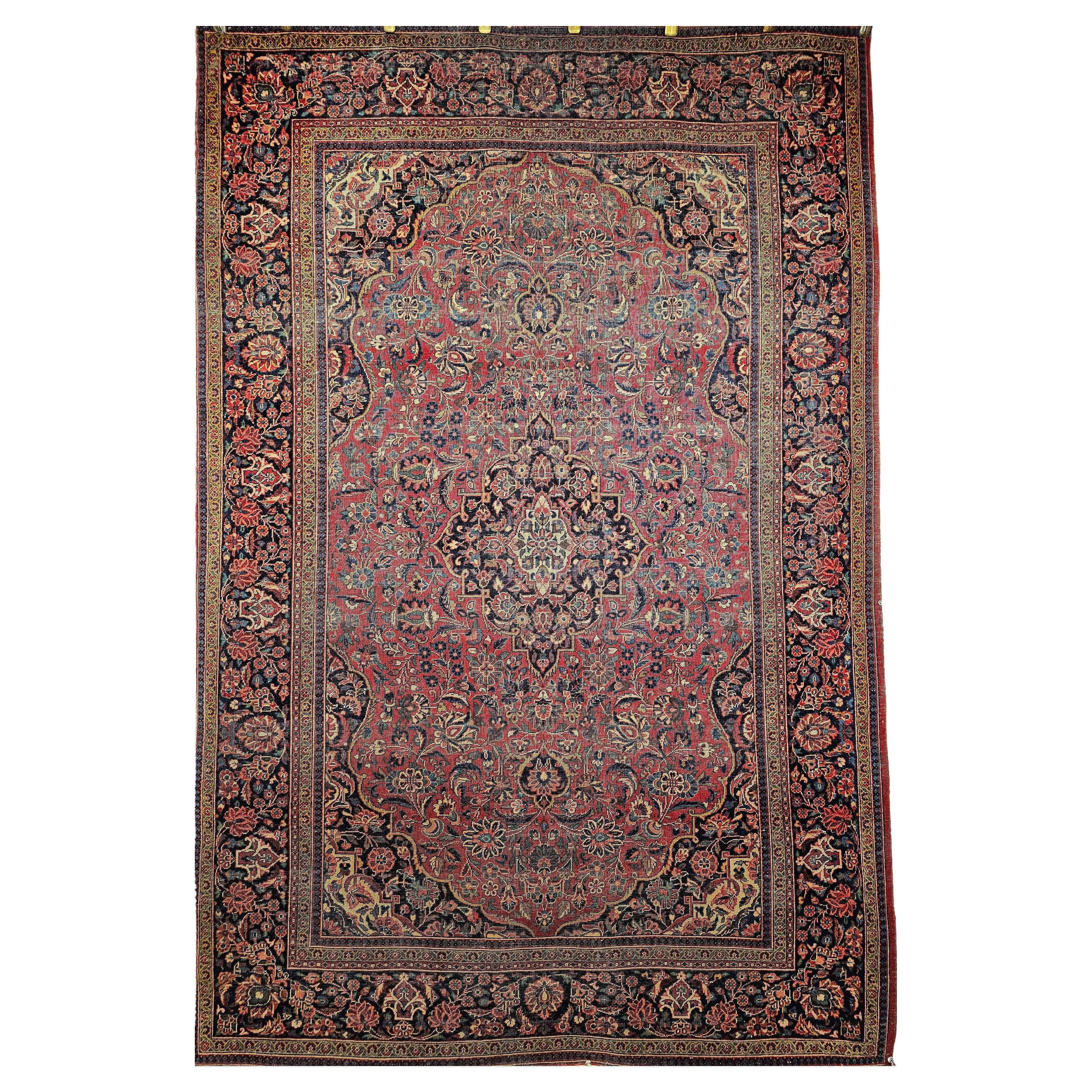 Vintage By  Persischer Kashan-Teppich mit Blumenmuster in Burgunderrot, Marineblau, Elfenbein im Angebot