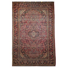 Antique  Persian Kashan Area Rug in Floral Pattern in Burgundy, Navy Blue, Ivory