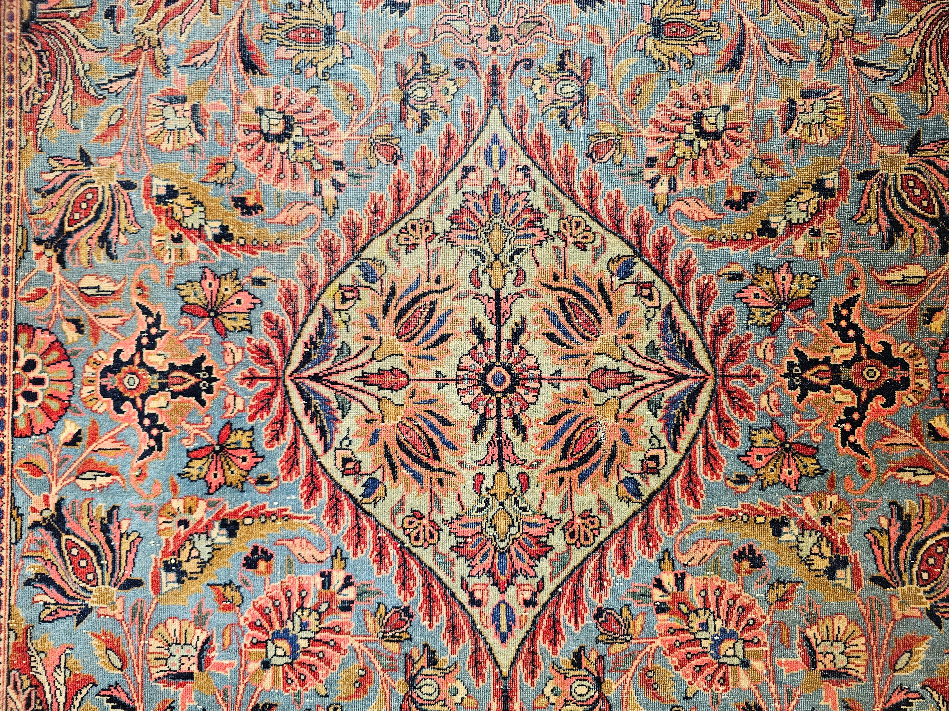 Alfombra Persa Kashan Vintage en Azul Aqua, Verde Cerceta, Rojo, Rosa y Azul Marino en venta 4