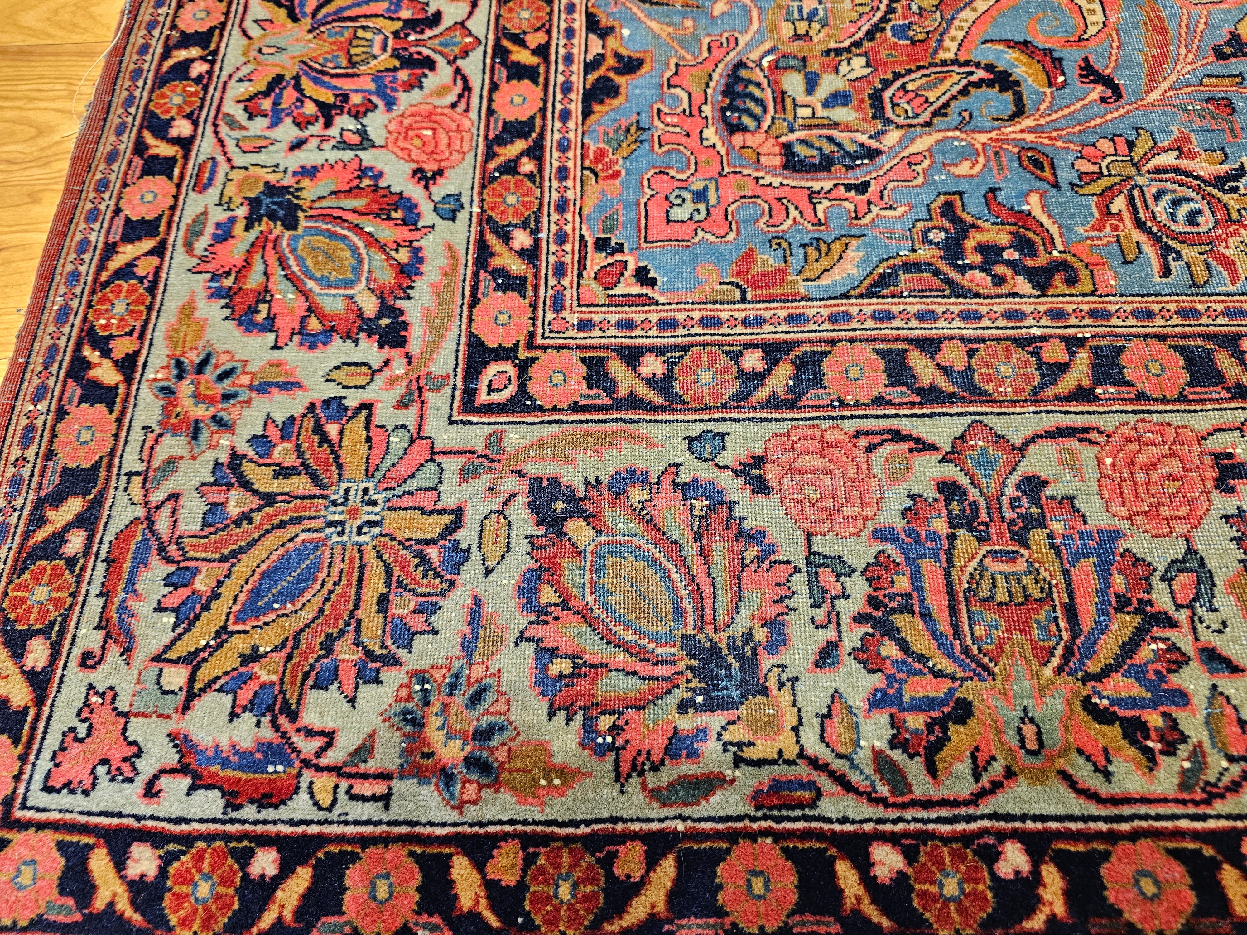 Alfombra Persa Kashan Vintage en Azul Aqua, Verde Cerceta, Rojo, Rosa y Azul Marino en venta 5