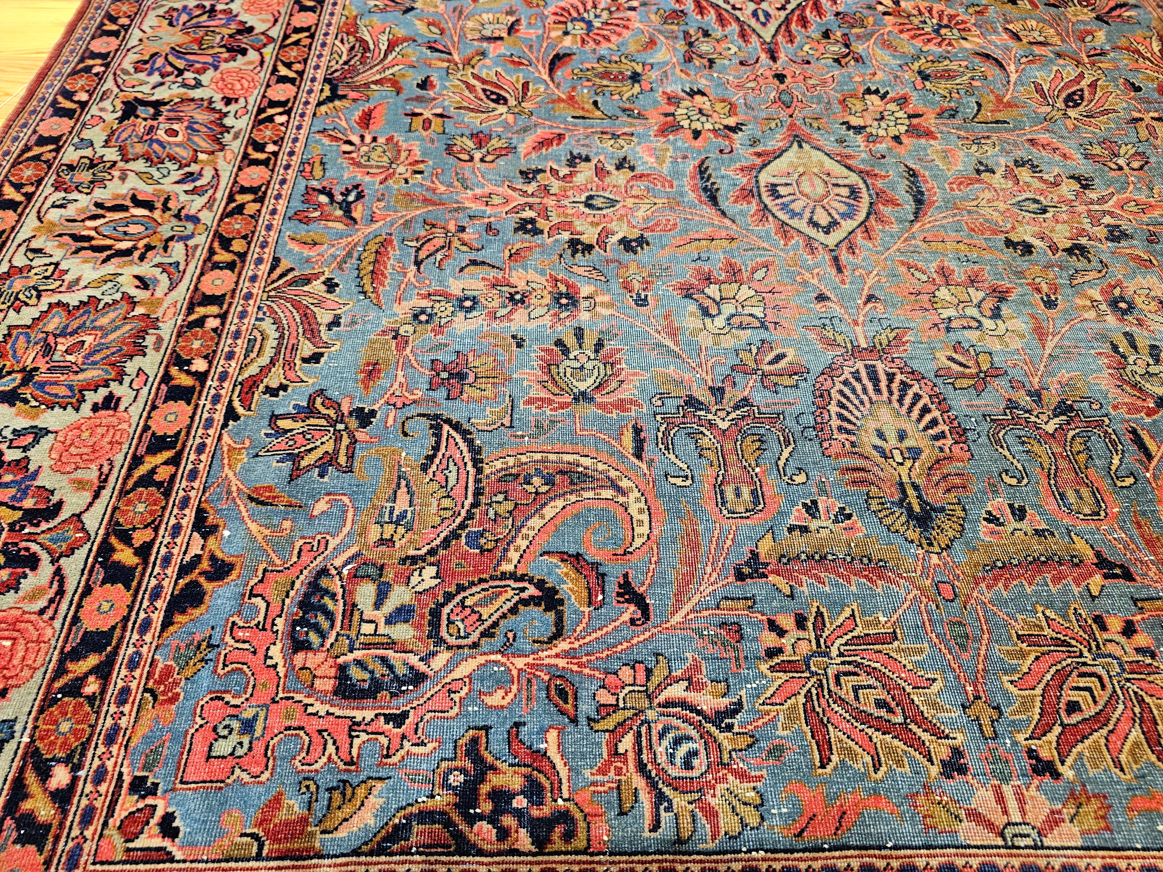 Alfombra Persa Kashan Vintage en Azul Aqua, Verde Cerceta, Rojo, Rosa y Azul Marino en venta 6