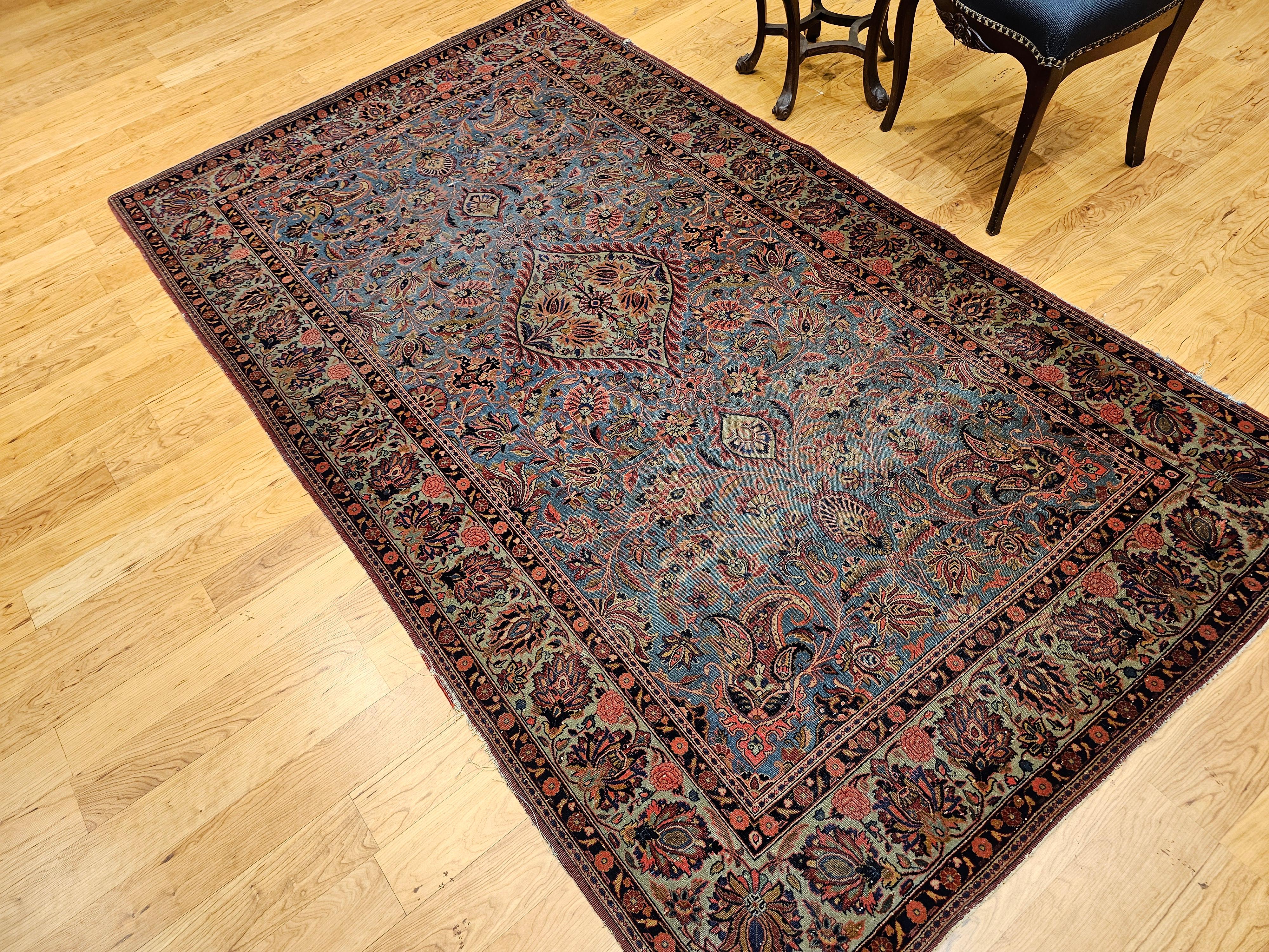 Alfombra Persa Kashan Vintage en Azul Aqua, Verde Cerceta, Rojo, Rosa y Azul Marino en venta 8