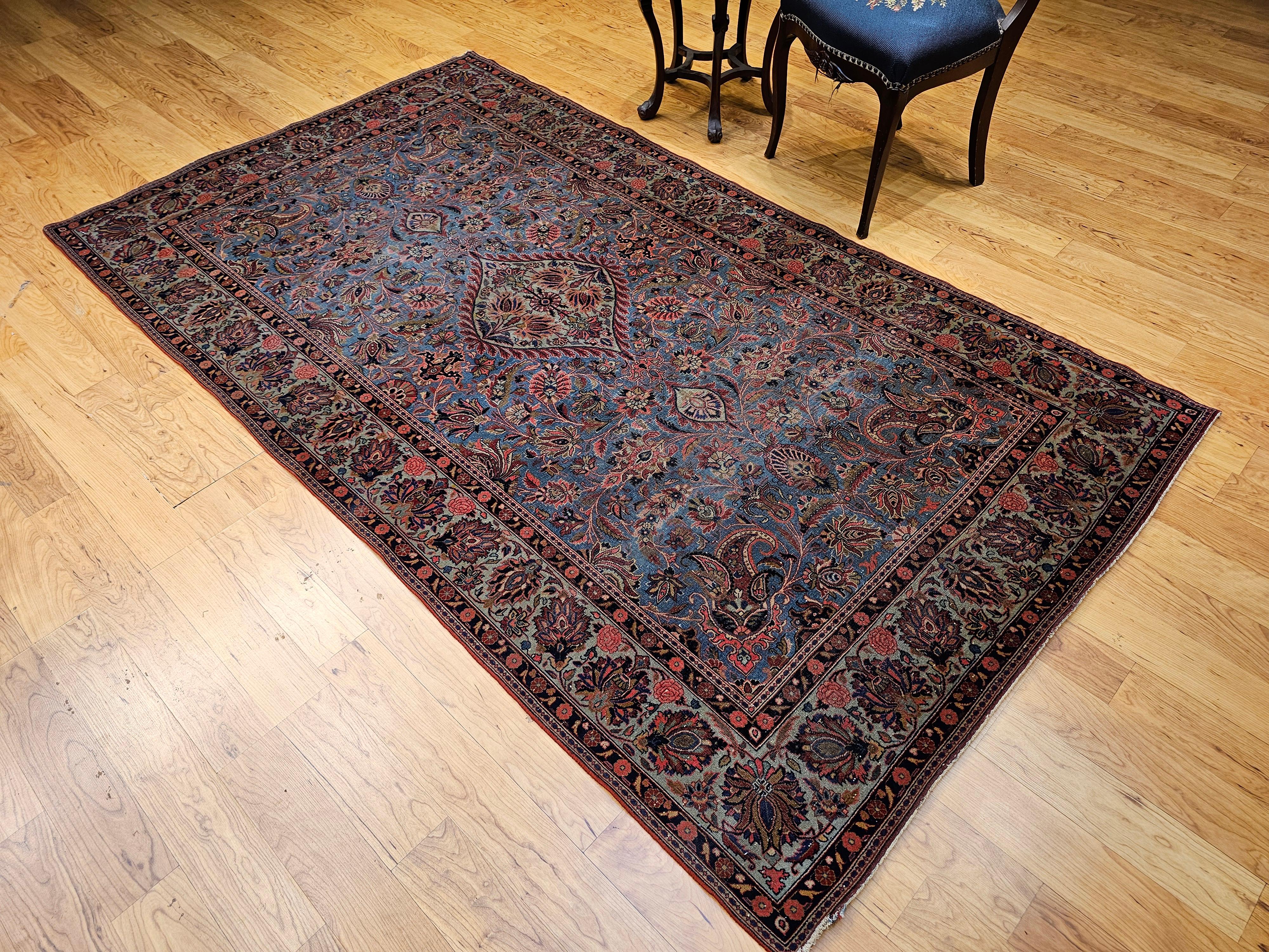 Persischer Kashan-Teppich im Vintage-Stil in Aquablau, Tealgrün, Rot, Rosa, Marineblau, Vintage im Angebot 8
