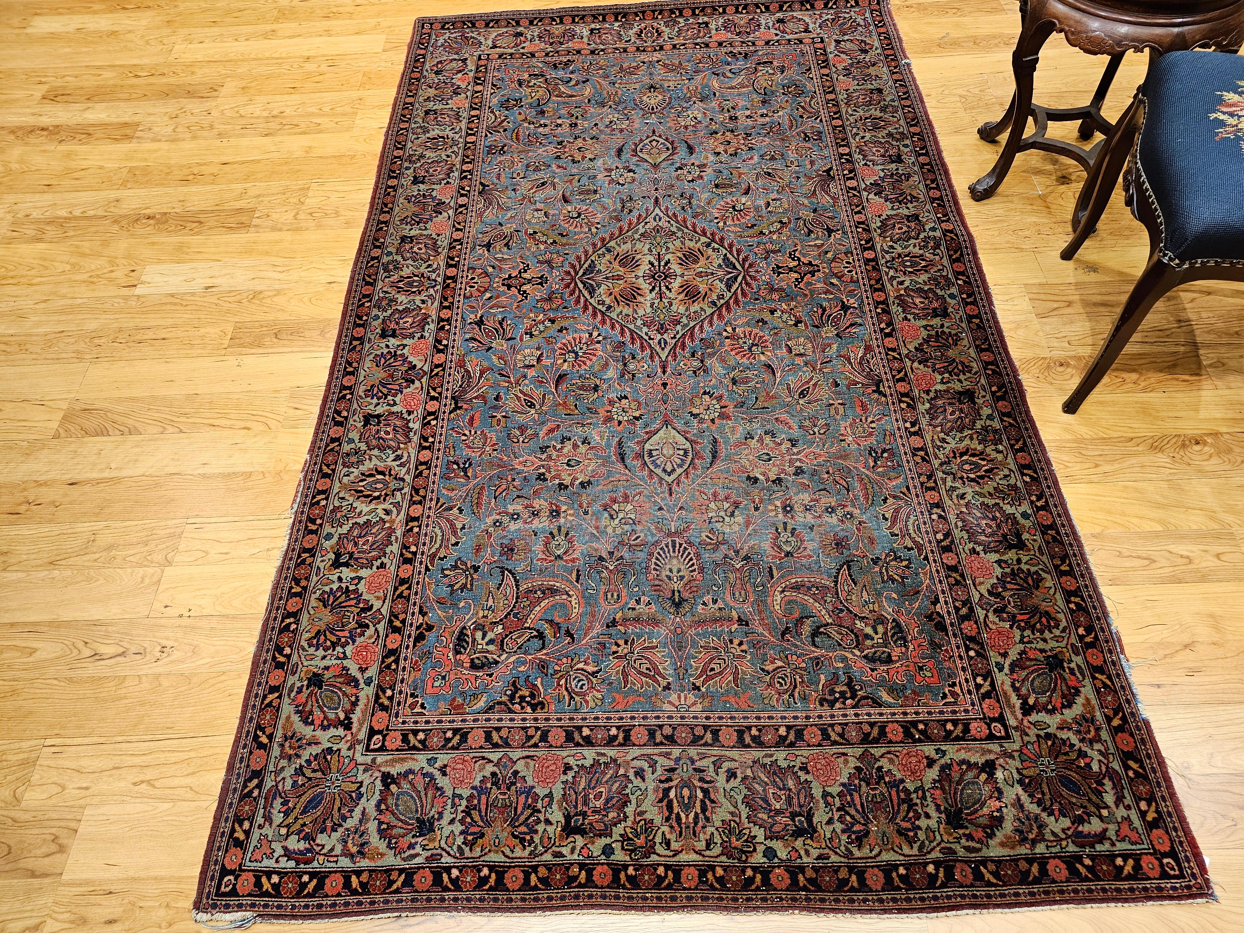 Alfombra Persa Kashan Vintage en Azul Aqua, Verde Cerceta, Rojo, Rosa y Azul Marino en venta 9