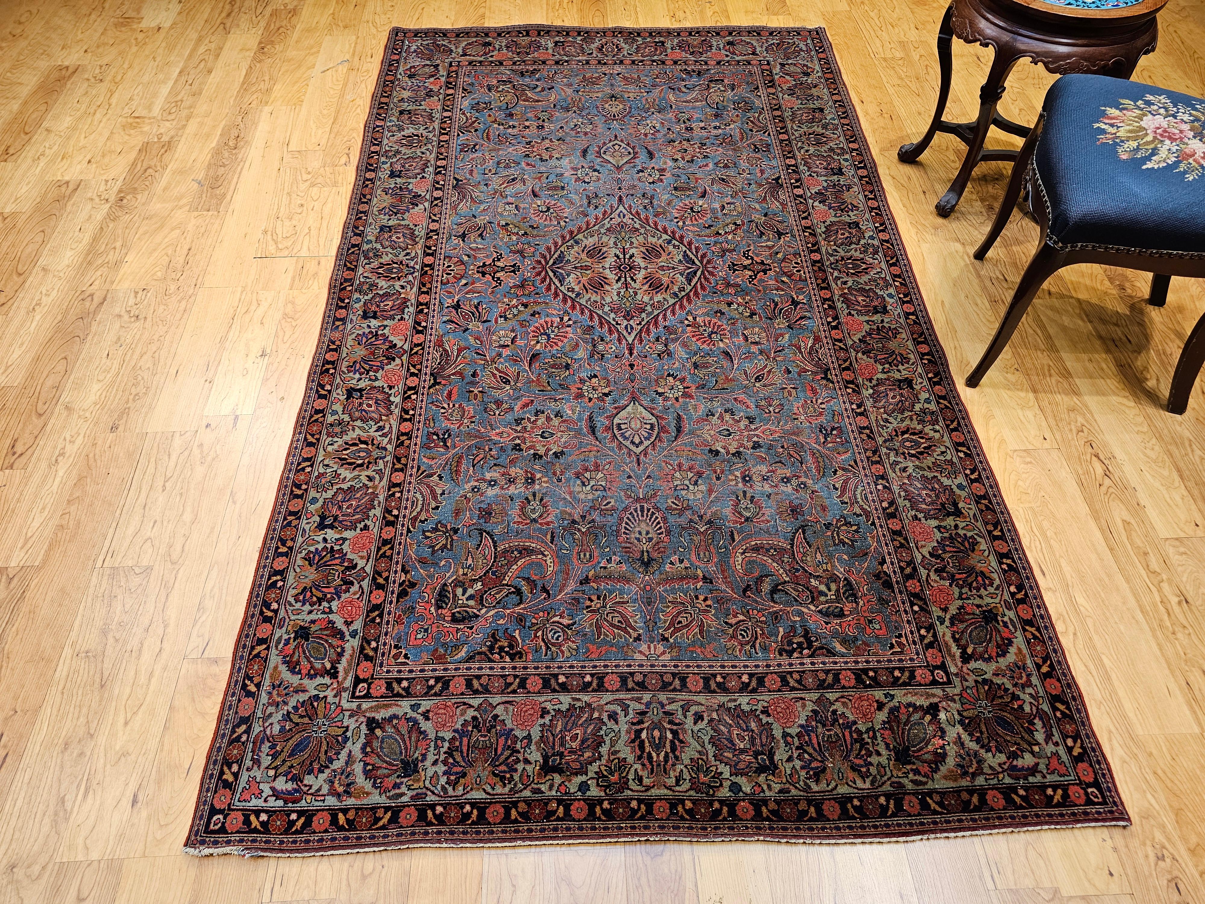 Persischer Kashan-Teppich im Vintage-Stil in Aquablau, Tealgrün, Rot, Rosa, Marineblau, Vintage im Angebot 9