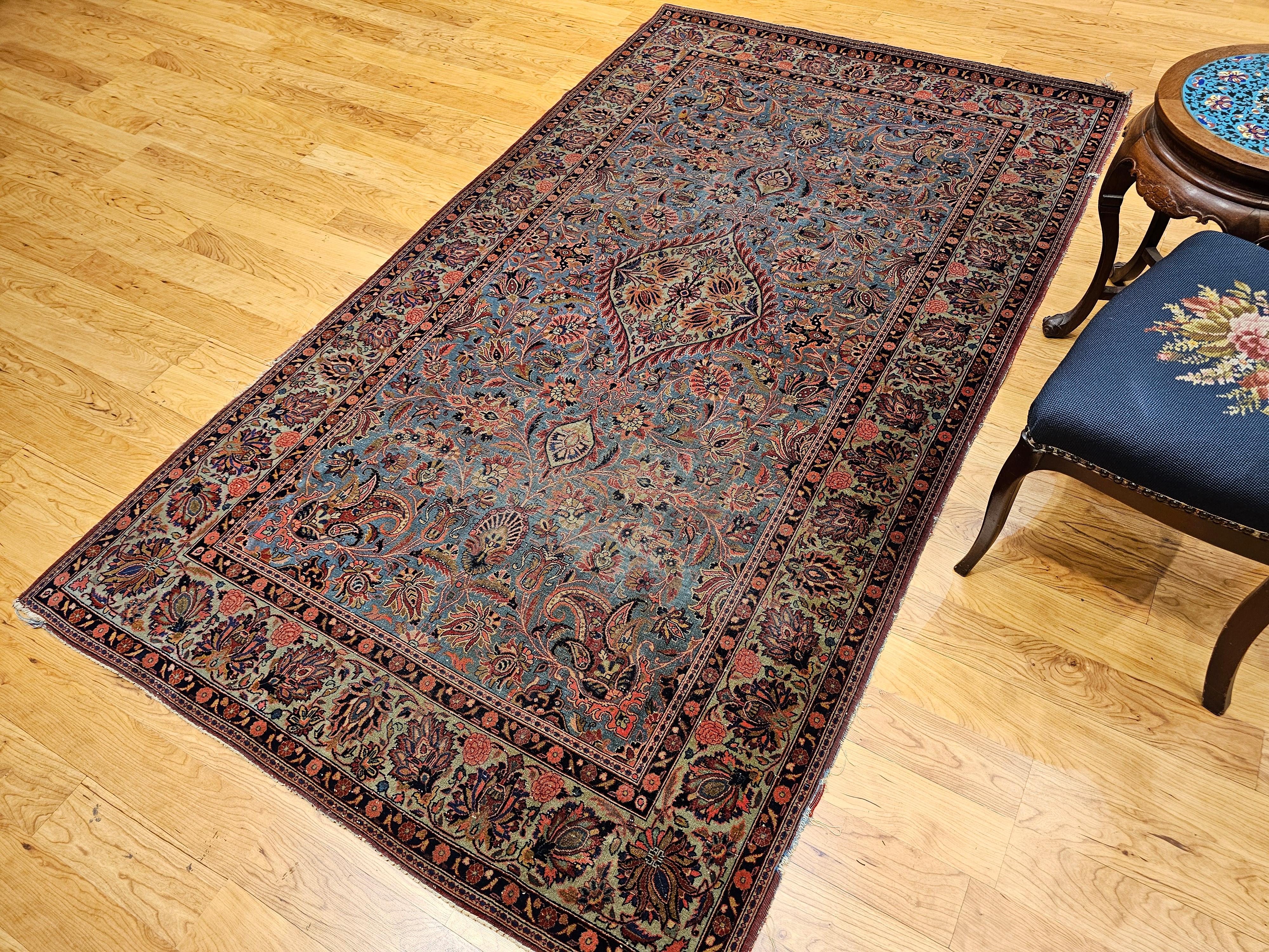 Alfombra Persa Kashan Vintage en Azul Aqua, Verde Cerceta, Rojo, Rosa y Azul Marino en venta 10