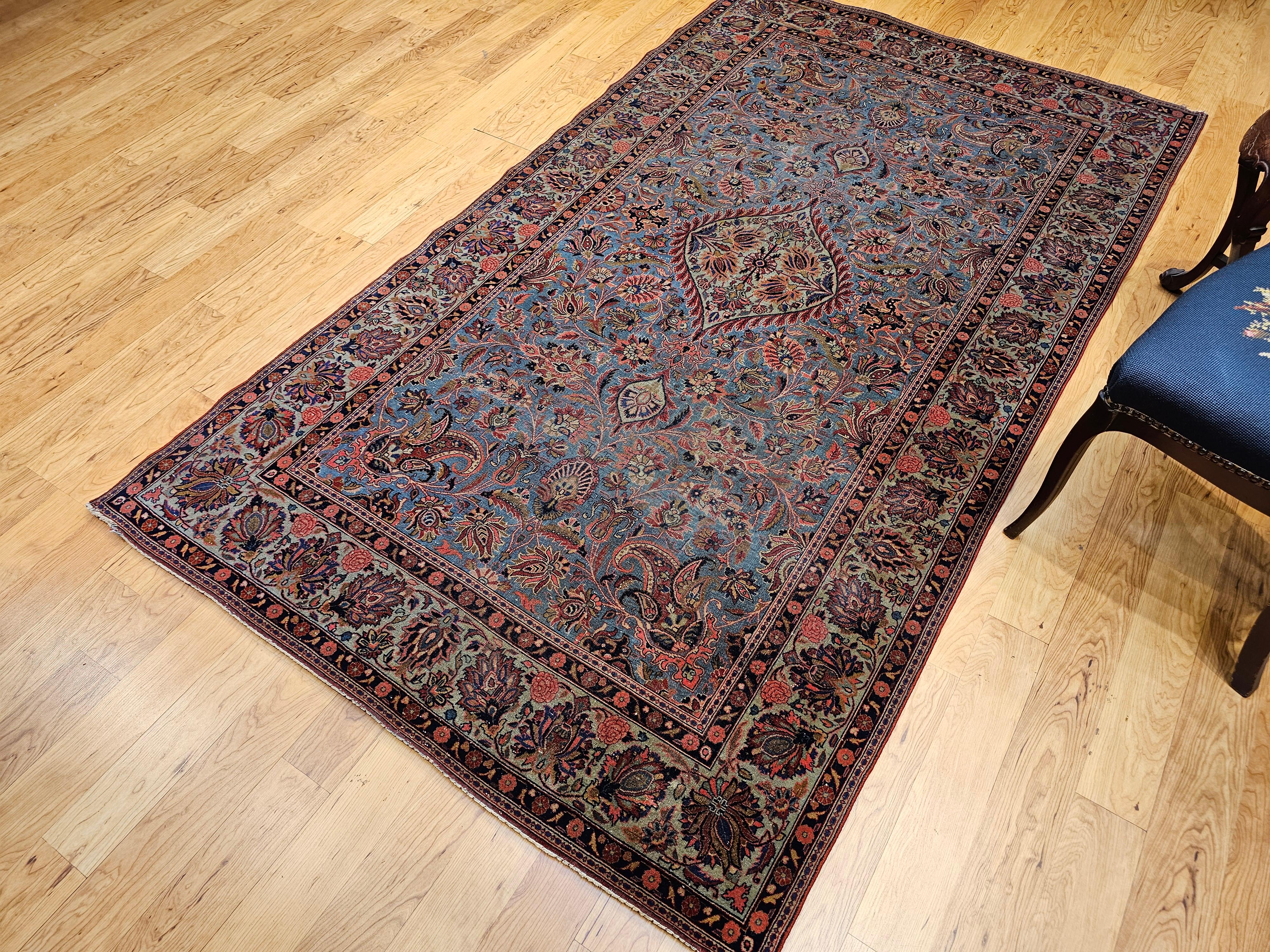 Persischer Kashan-Teppich im Vintage-Stil in Aquablau, Tealgrün, Rot, Rosa, Marineblau, Vintage im Angebot 10