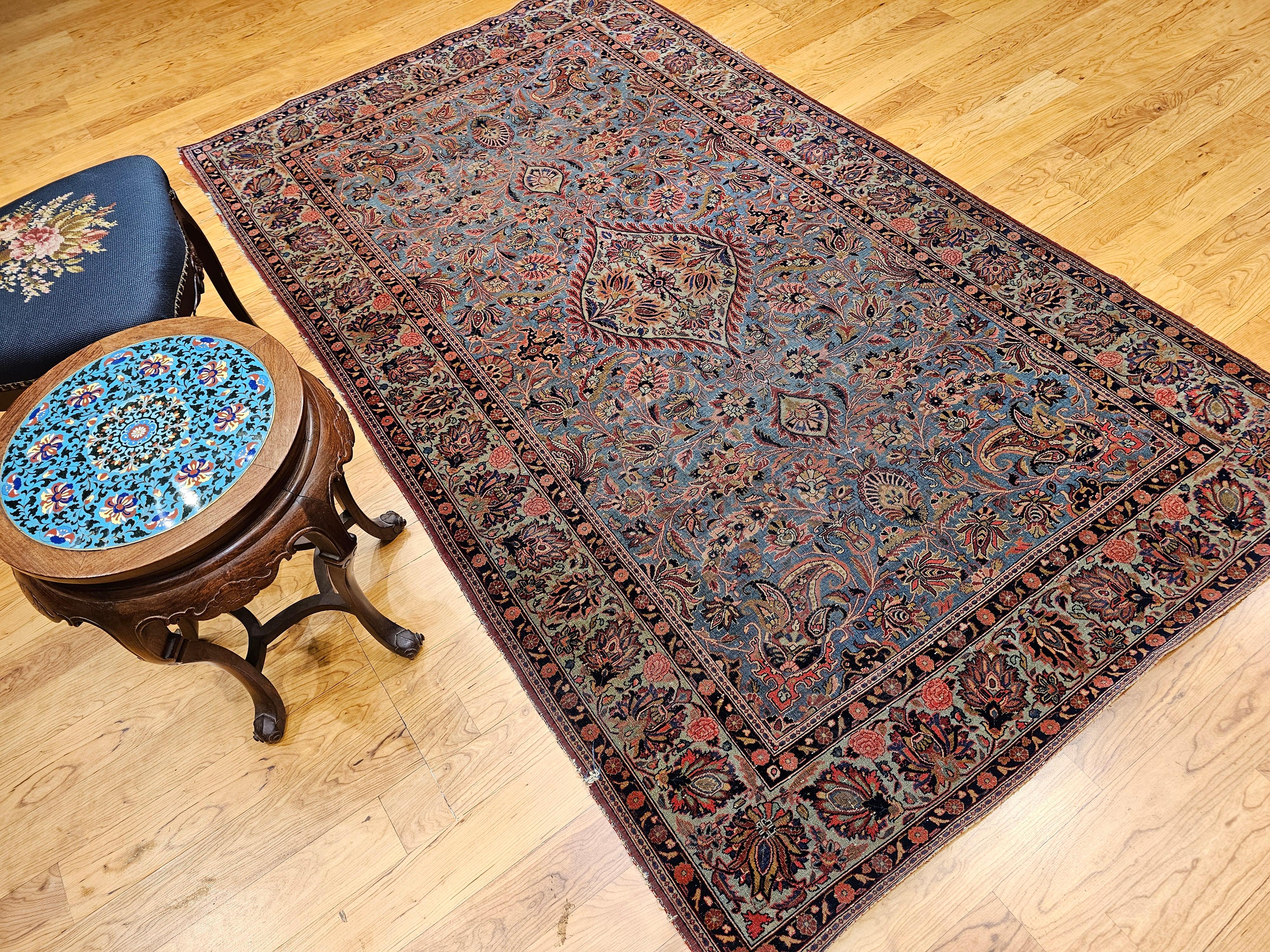Alfombra Persa Kashan Vintage en Azul Aqua, Verde Cerceta, Rojo, Rosa y Azul Marino en venta 11
