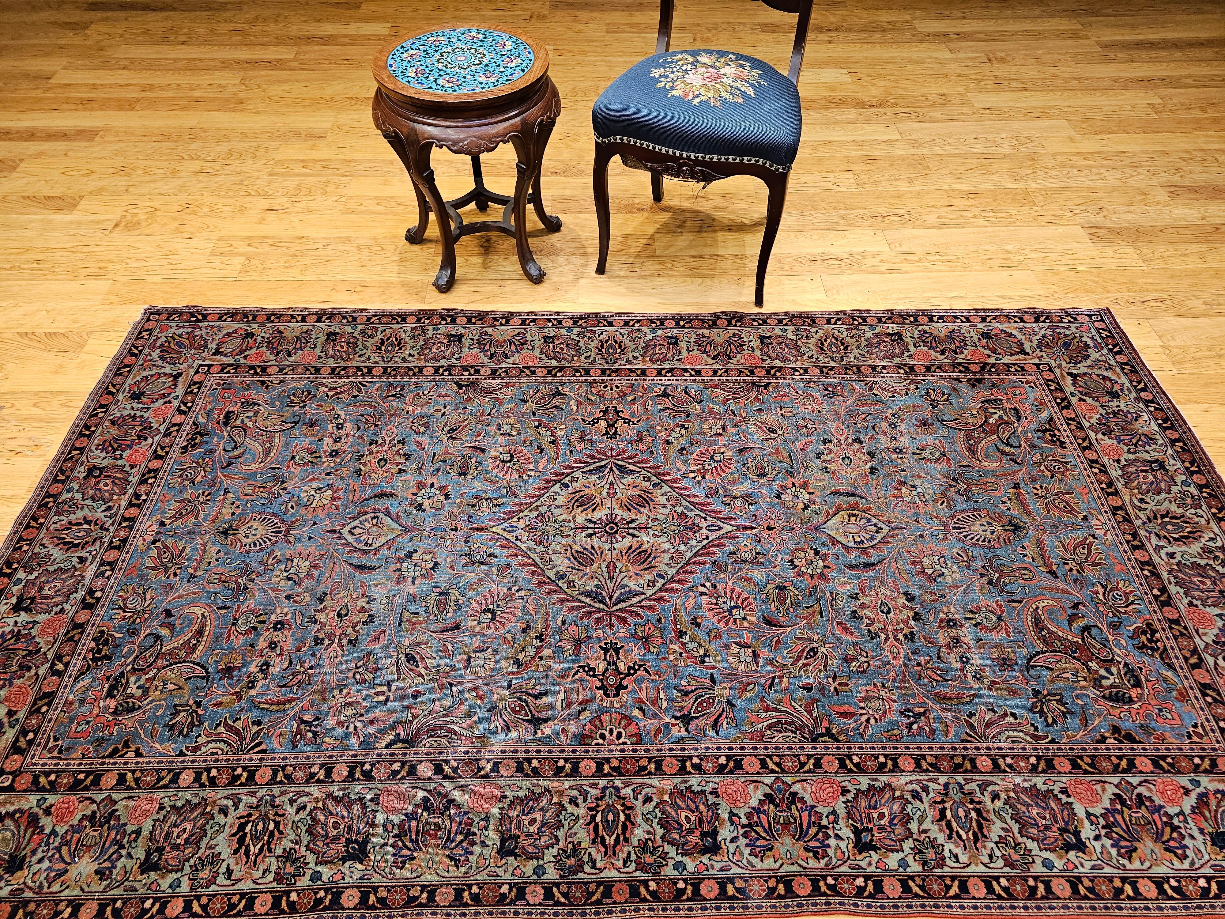Persischer Kashan-Teppich im Vintage-Stil in Aquablau, Tealgrün, Rot, Rosa, Marineblau, Vintage im Angebot 11