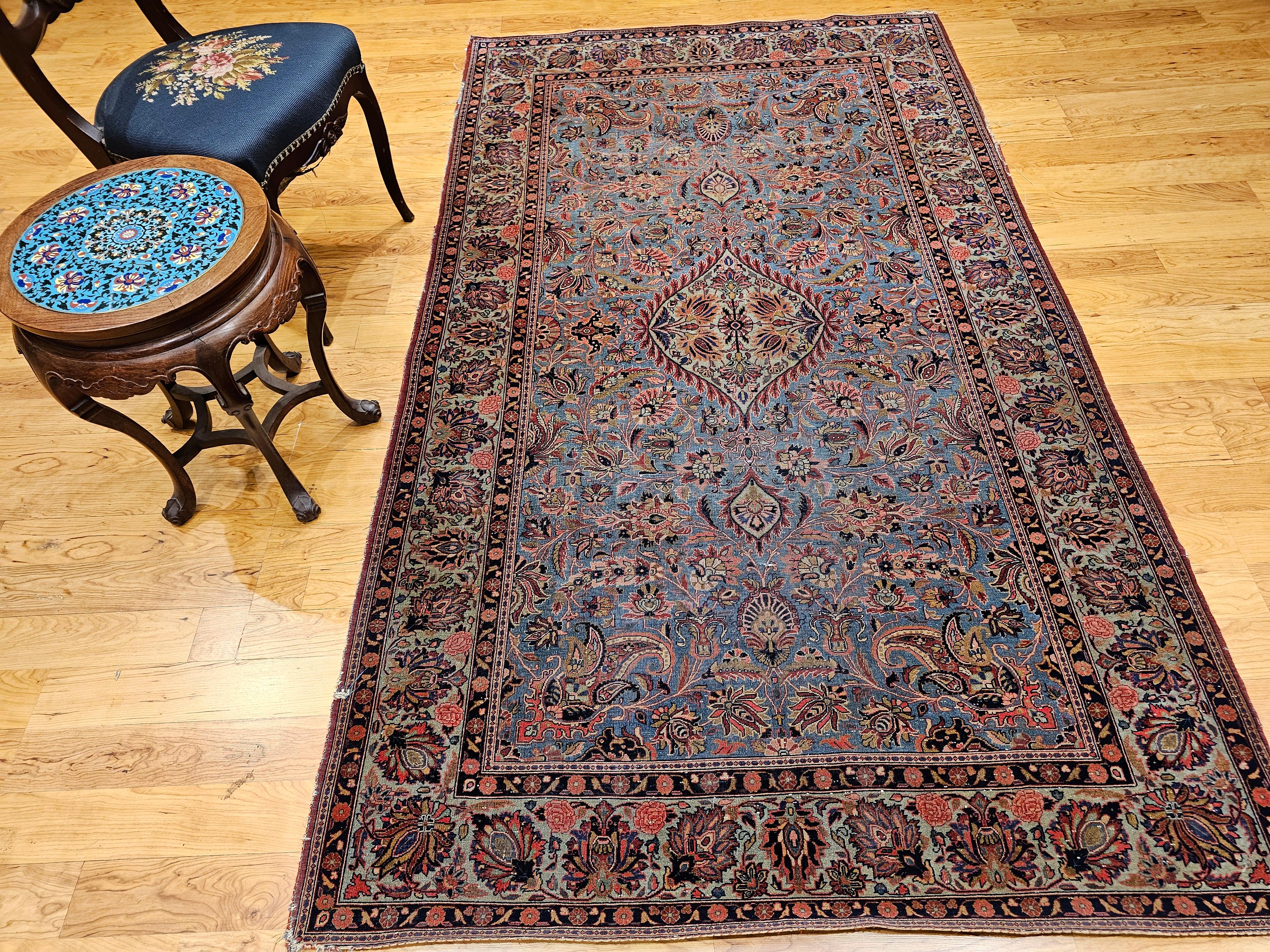Alfombra Persa Kashan Vintage en Azul Aqua, Verde Cerceta, Rojo, Rosa y Azul Marino en venta 12