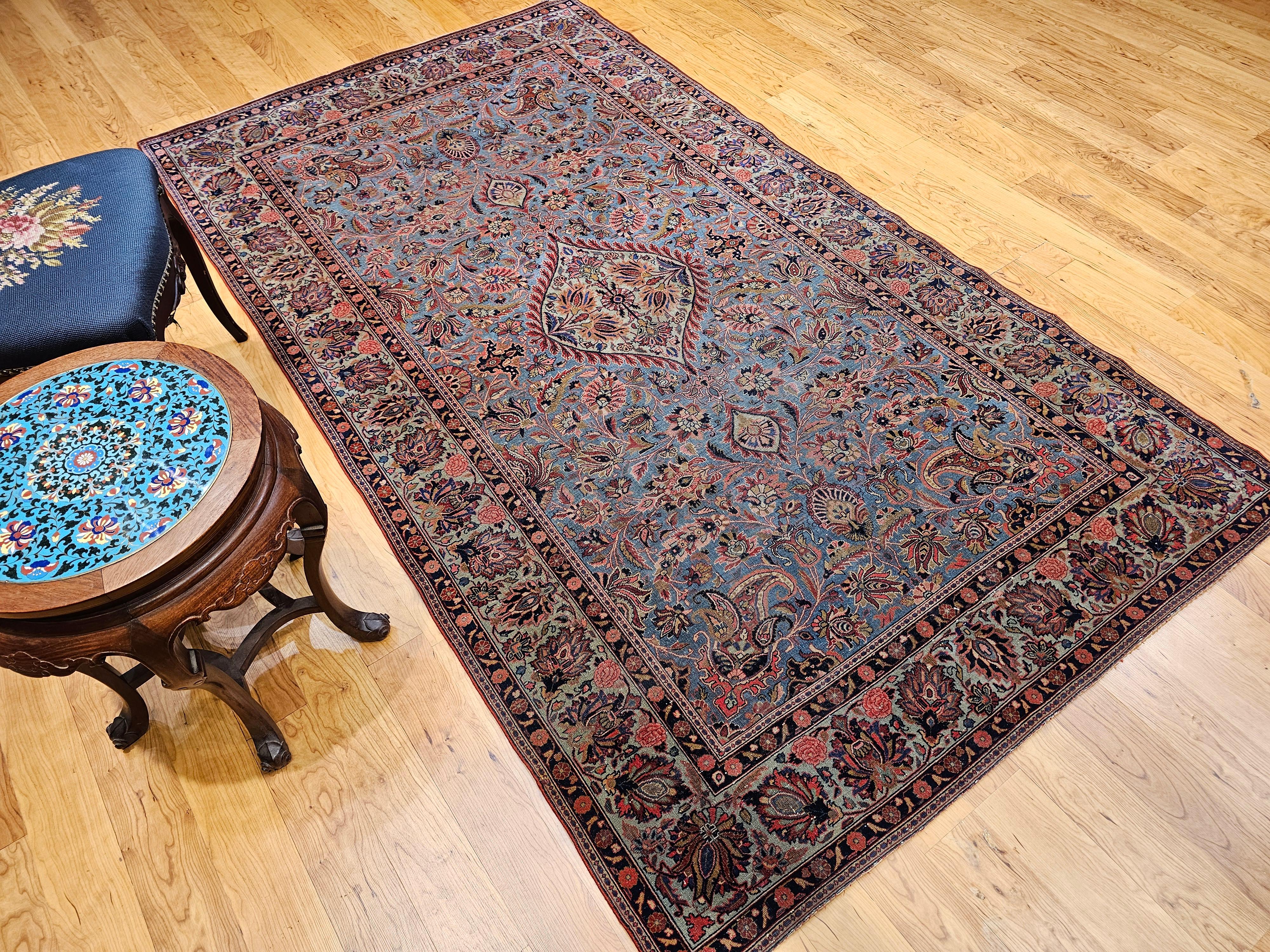 Persischer Kashan-Teppich im Vintage-Stil in Aquablau, Tealgrün, Rot, Rosa, Marineblau, Vintage im Angebot 12