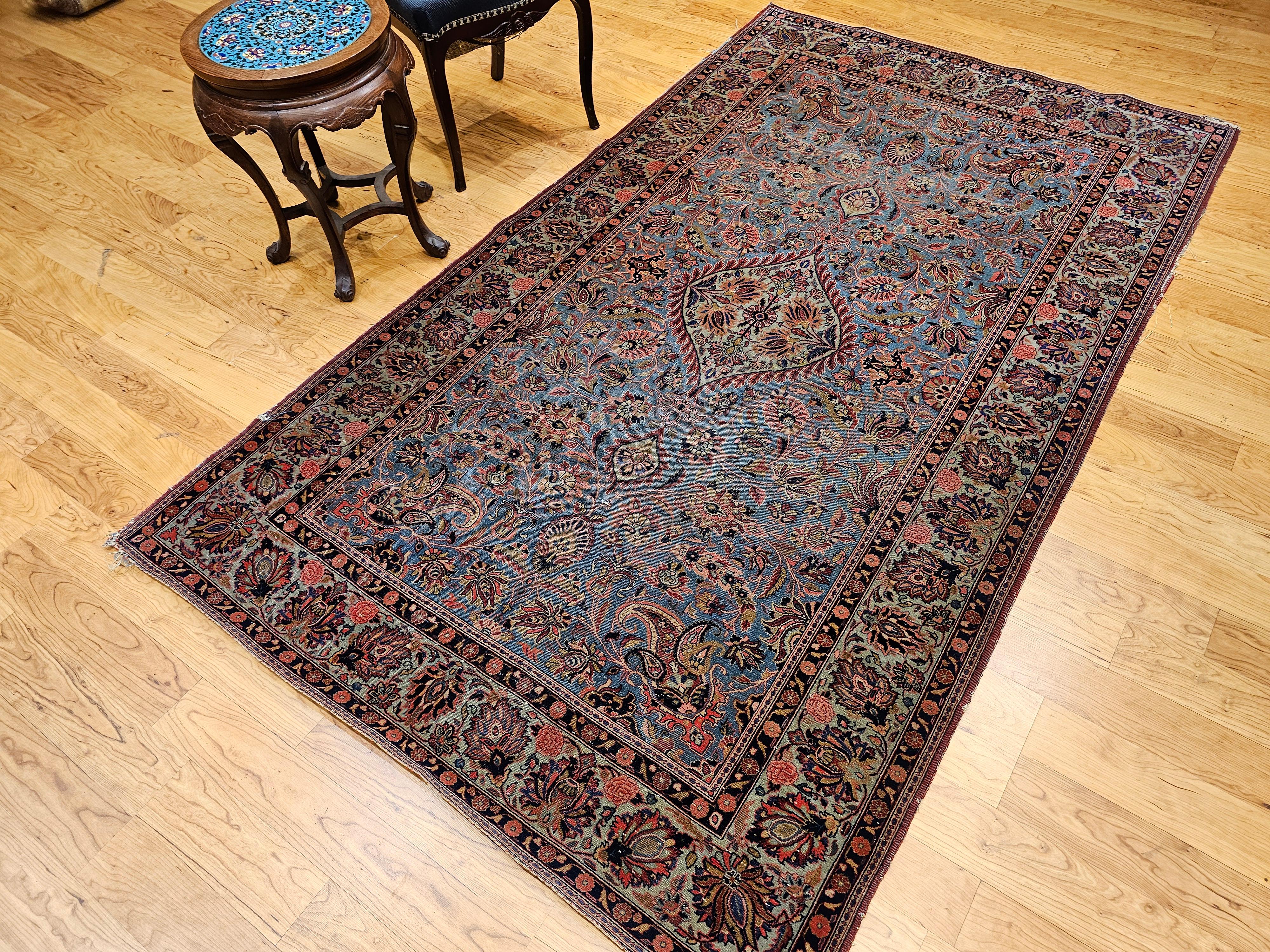 Alfombra Persa Kashan Vintage en Azul Aqua, Verde Cerceta, Rojo, Rosa y Azul Marino en venta 13