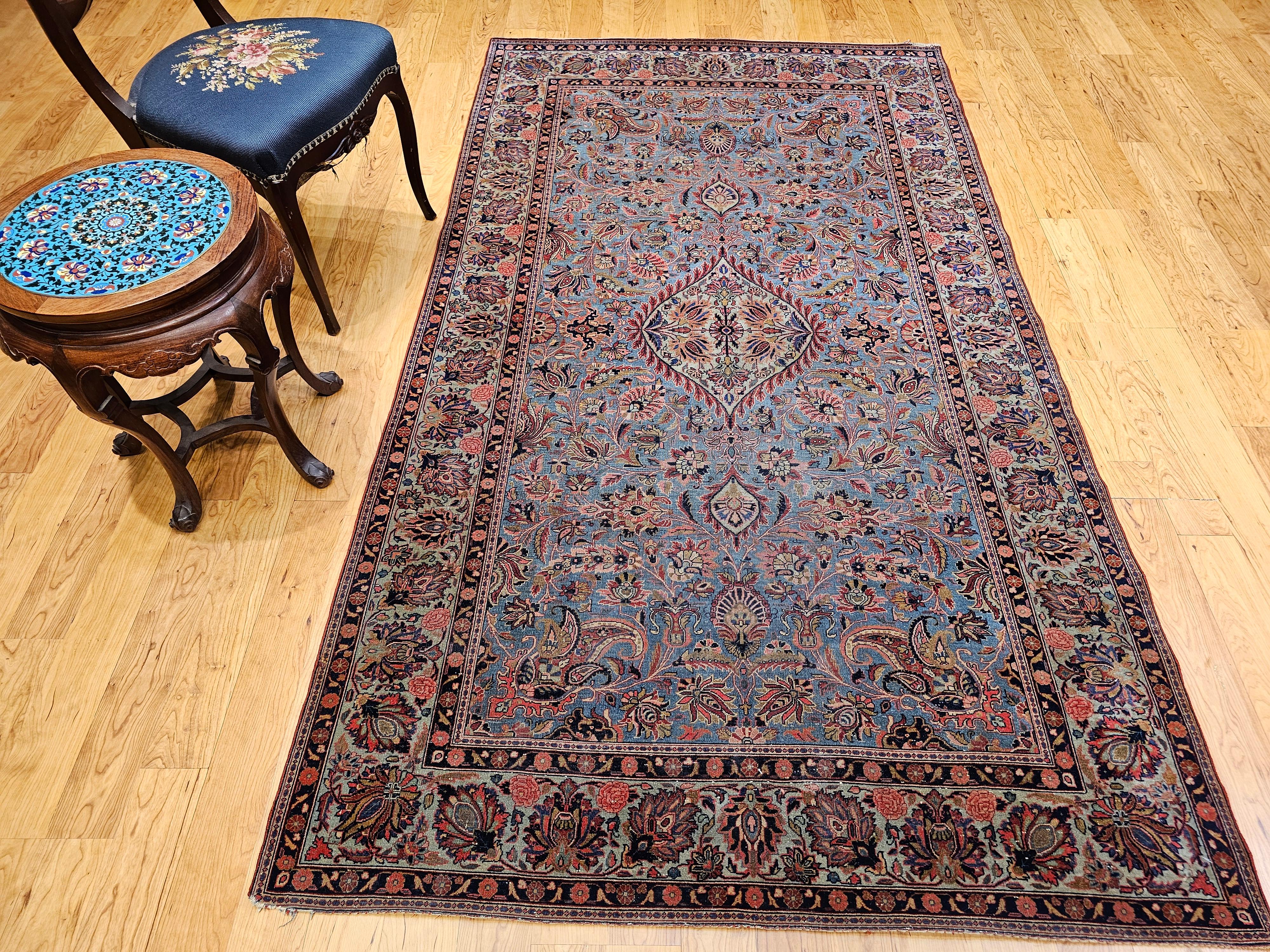 Persischer Kashan-Teppich im Vintage-Stil in Aquablau, Tealgrün, Rot, Rosa, Marineblau, Vintage im Angebot 13