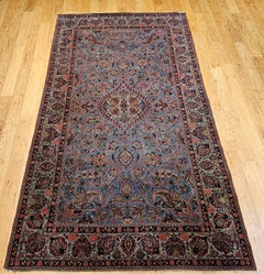 Vintage Persian Kashan Area Rug, Aqua Blue Wool, Floral Design, 1900s