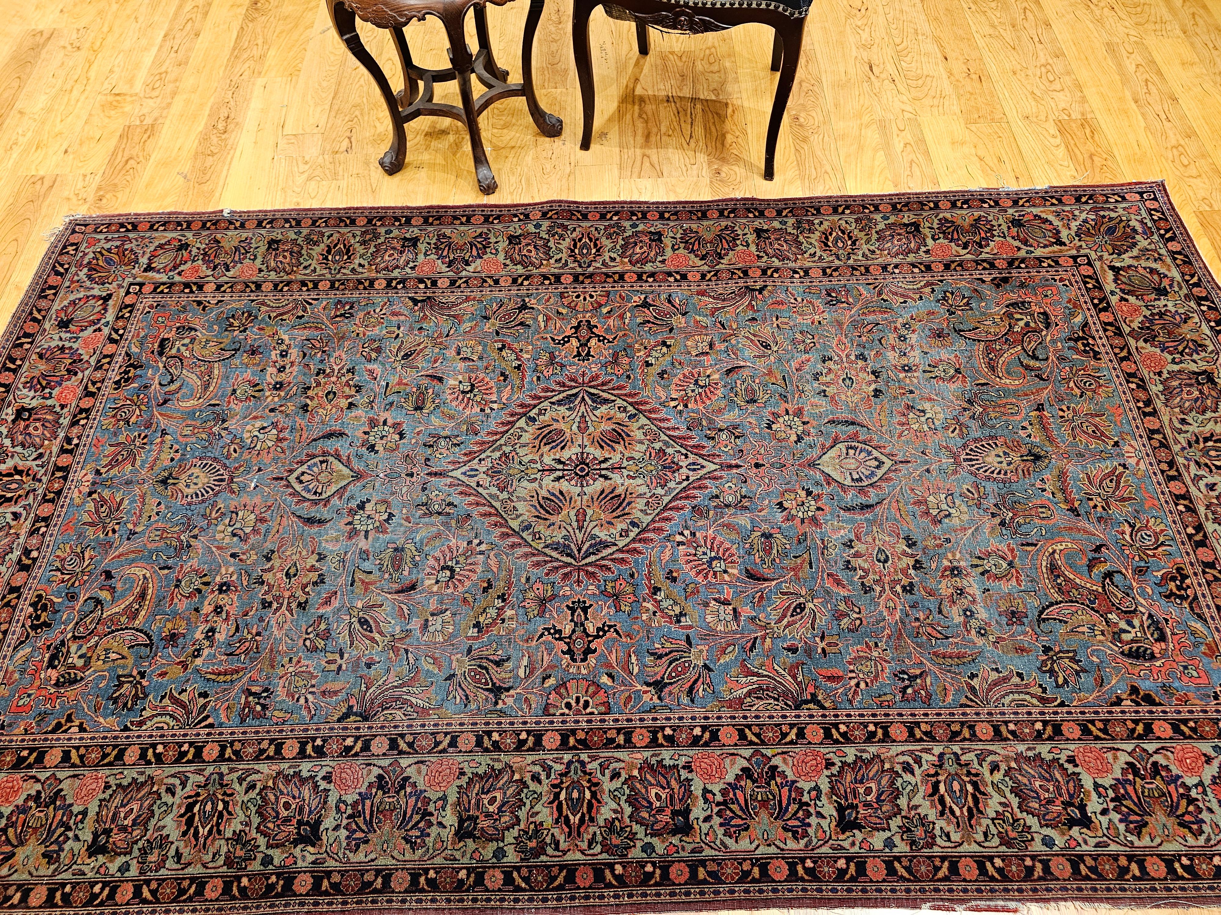 Alfombra Persa Kashan Vintage en Azul Aqua, Verde Cerceta, Rojo, Rosa y Azul Marino en venta 14