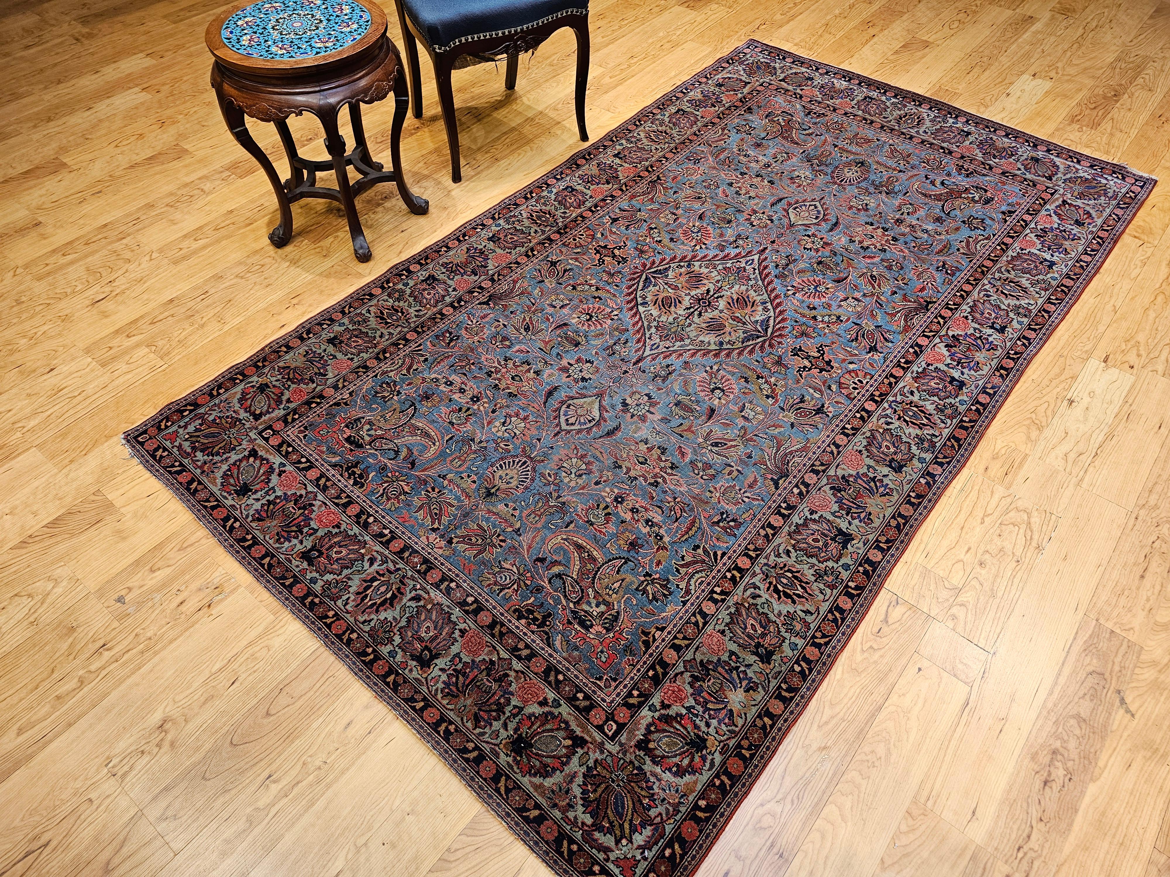 Persischer Kashan-Teppich im Vintage-Stil in Aquablau, Tealgrün, Rot, Rosa, Marineblau, Vintage im Angebot 14
