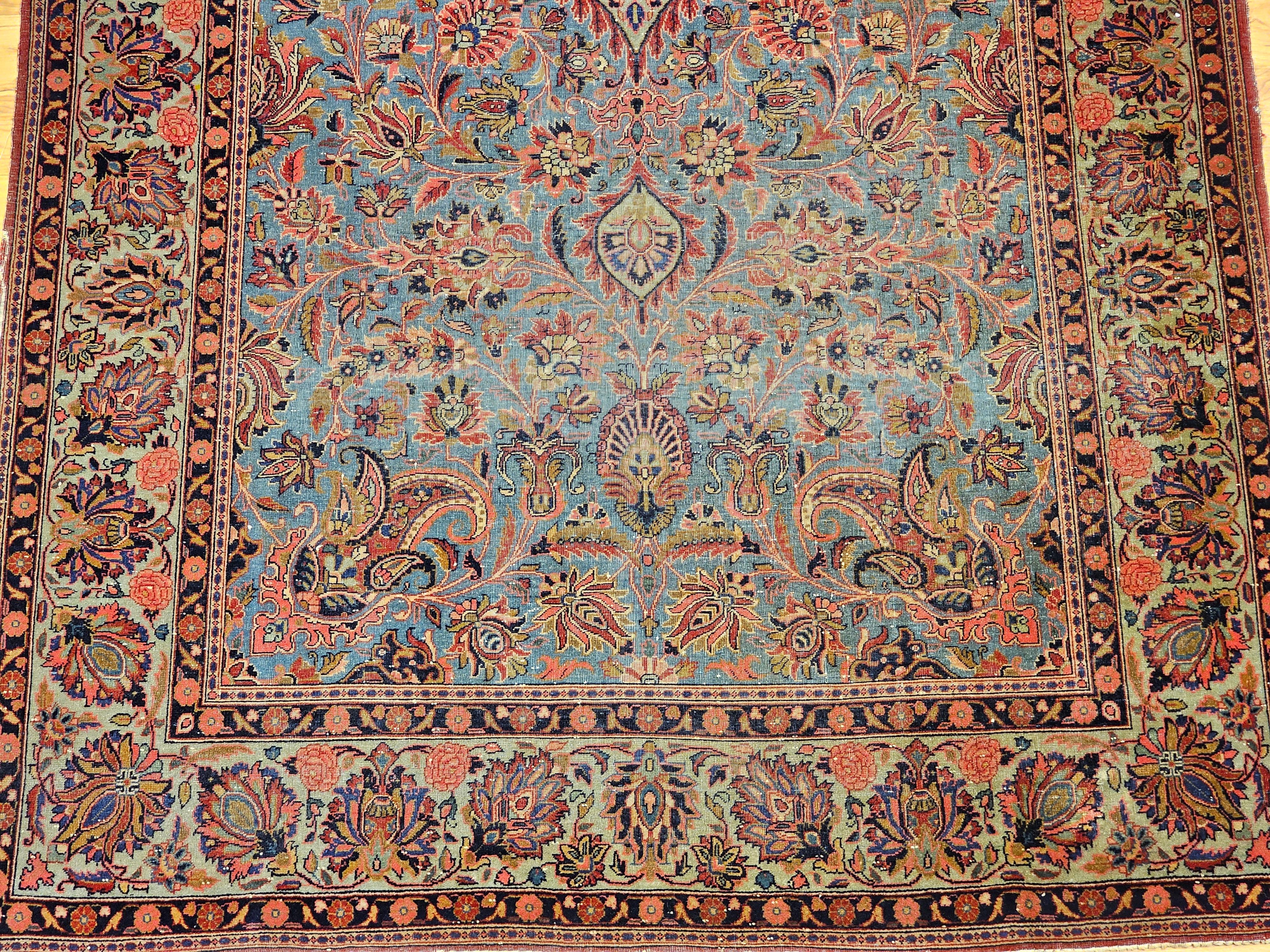 Alfombra Persa Kashan Vintage en Azul Aqua, Verde Cerceta, Rojo, Rosa y Azul Marino Tejido a mano en venta