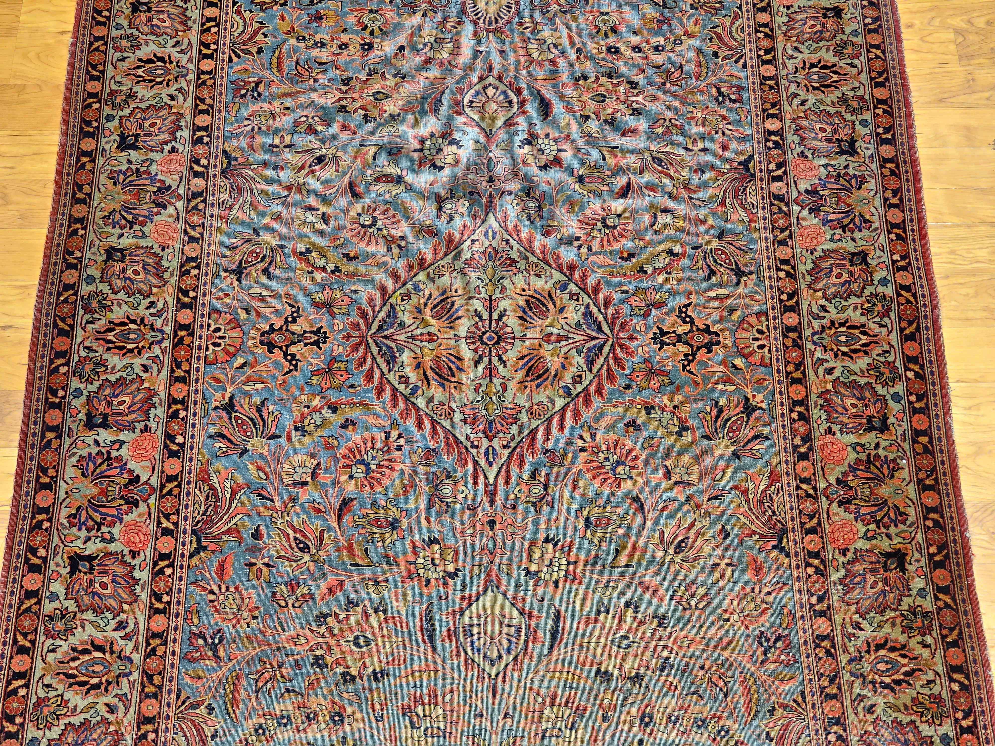 Alfombra Persa Kashan Vintage en Azul Aqua, Verde Cerceta, Rojo, Rosa y Azul Marino en Bueno estado para la venta en Barrington, IL