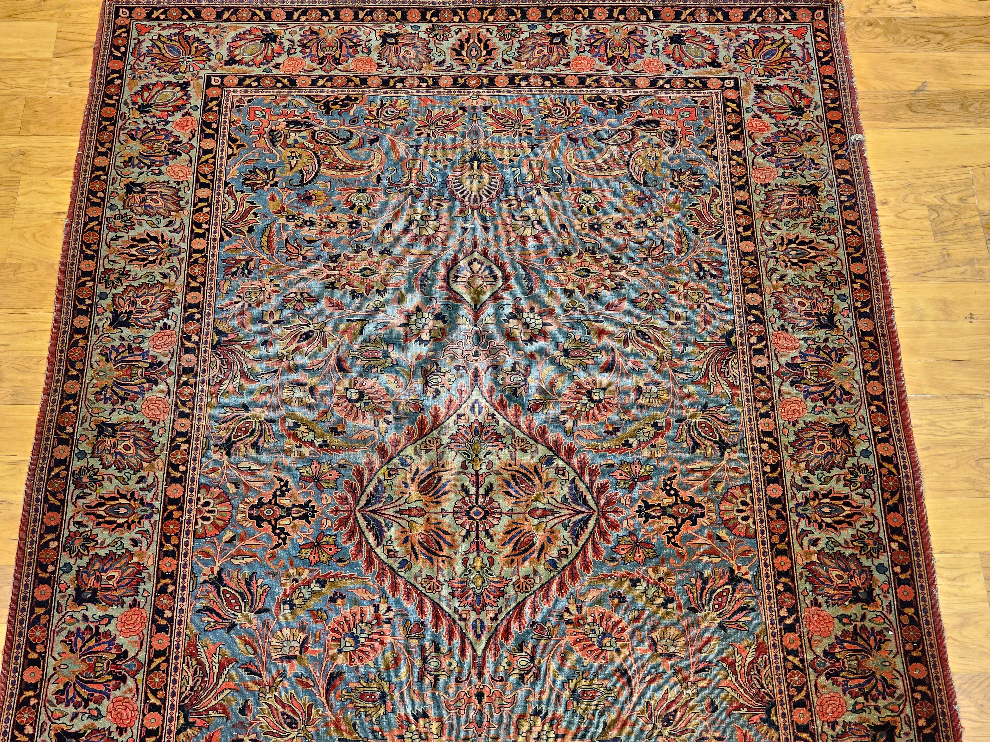 Alfombra Persa Kashan Vintage en Azul Aqua, Verde Cerceta, Rojo, Rosa y Azul Marino siglo XX en venta