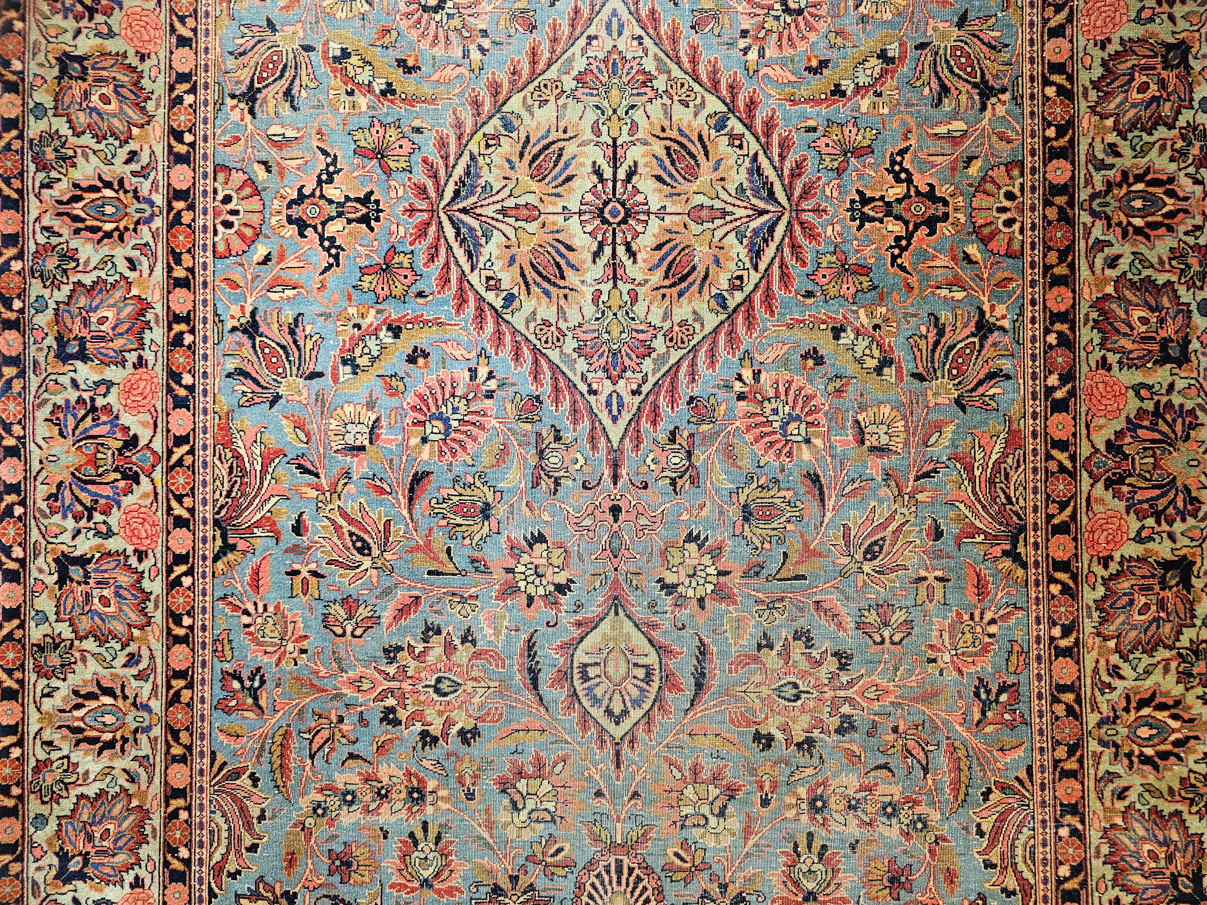 Alfombra Persa Kashan Vintage en Azul Aqua, Verde Cerceta, Rojo, Rosa y Azul Marino en venta 1