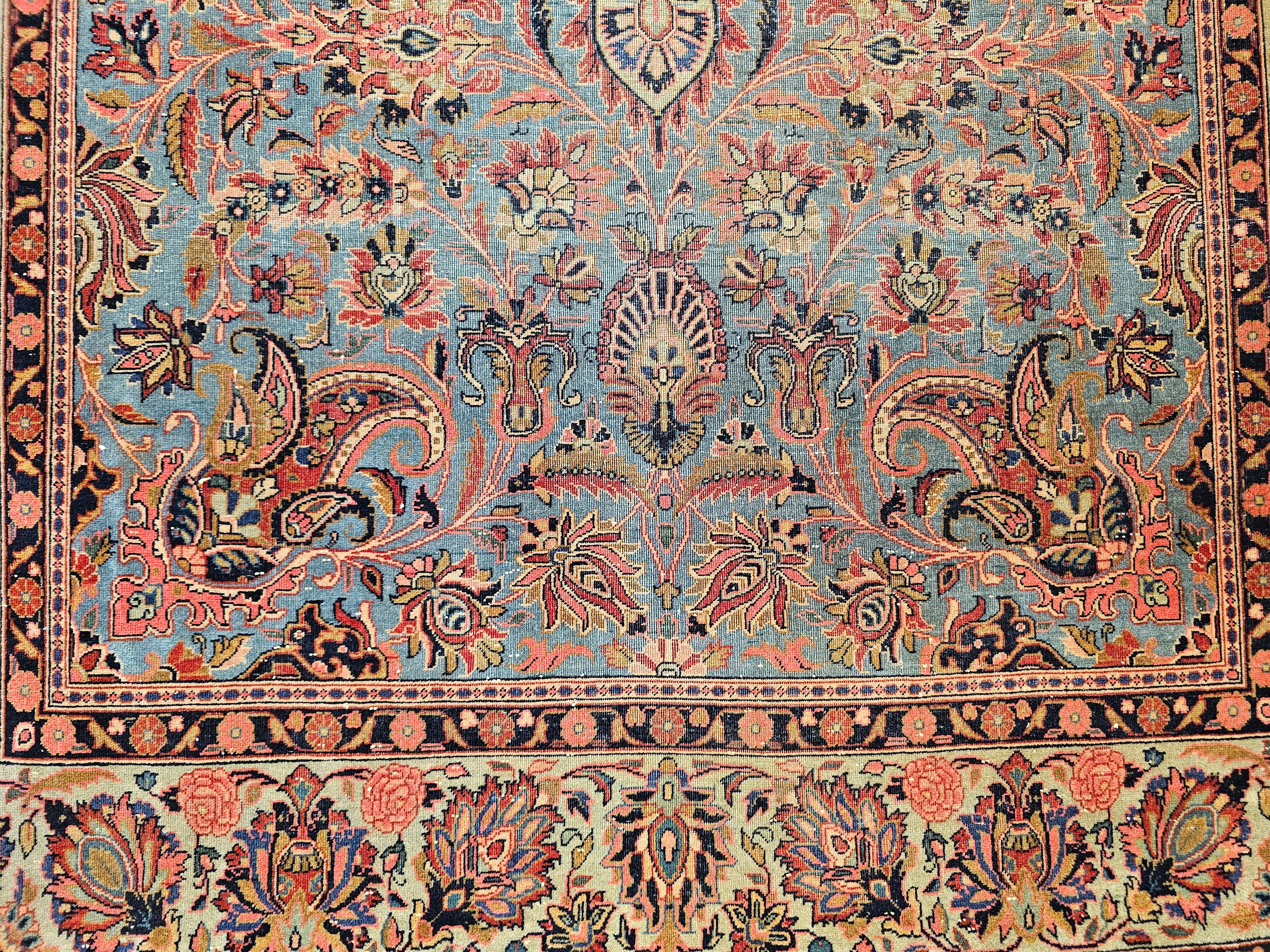 Alfombra Persa Kashan Vintage en Azul Aqua, Verde Cerceta, Rojo, Rosa y Azul Marino en venta 2