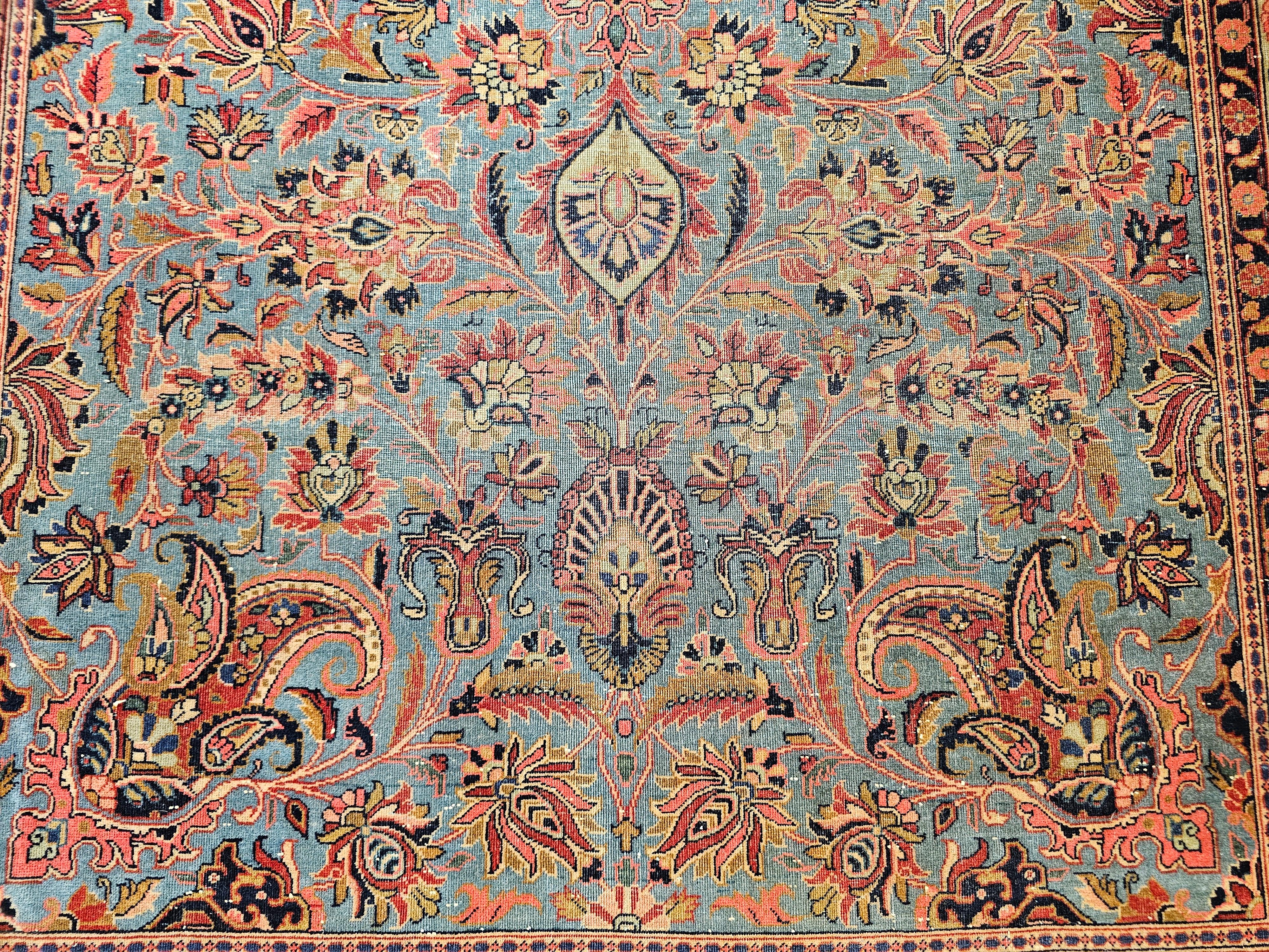Alfombra Persa Kashan Vintage en Azul Aqua, Verde Cerceta, Rojo, Rosa y Azul Marino en venta 3