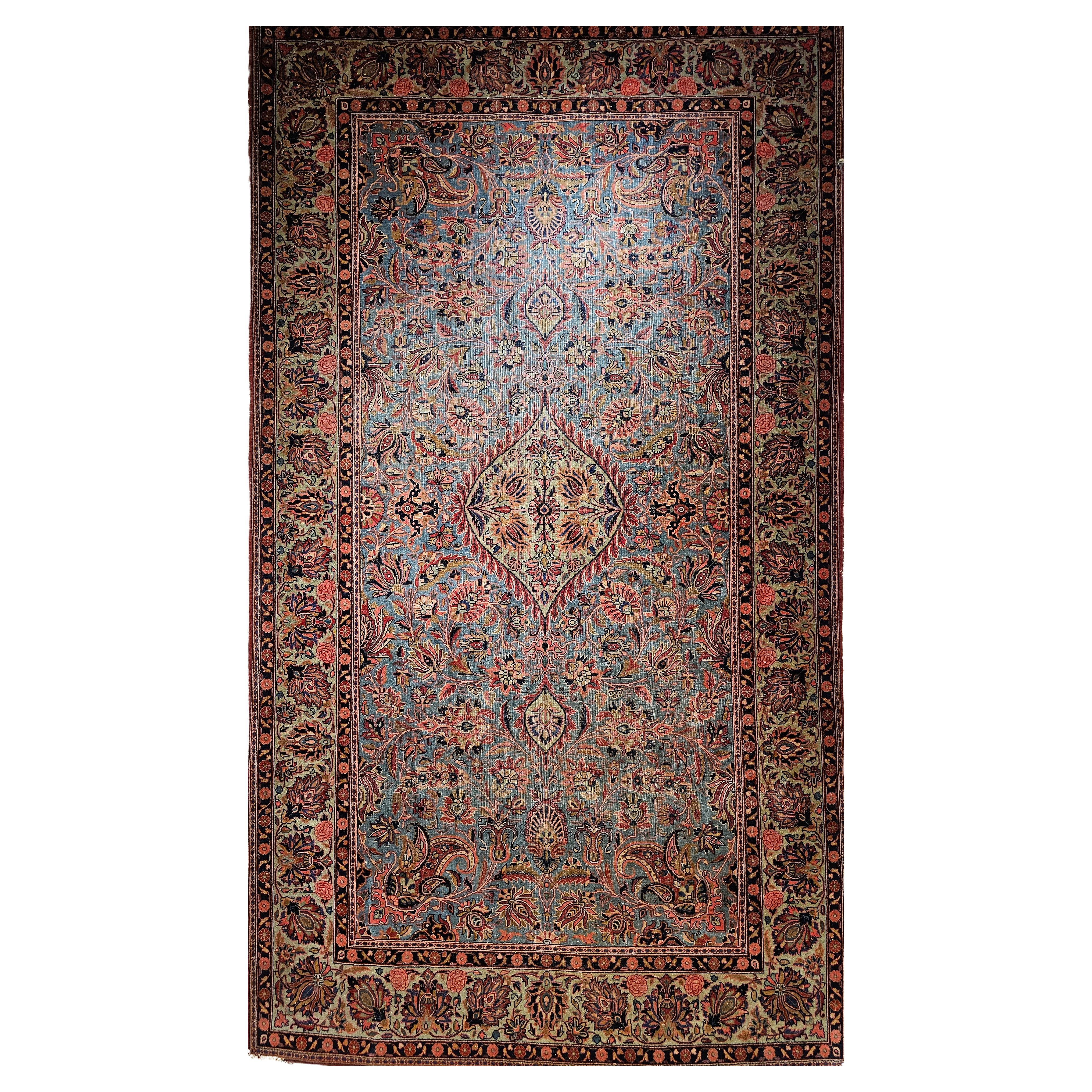 Alfombra Persa Kashan Vintage en Azul Aqua, Verde Cerceta, Rojo, Rosa y Azul Marino en venta