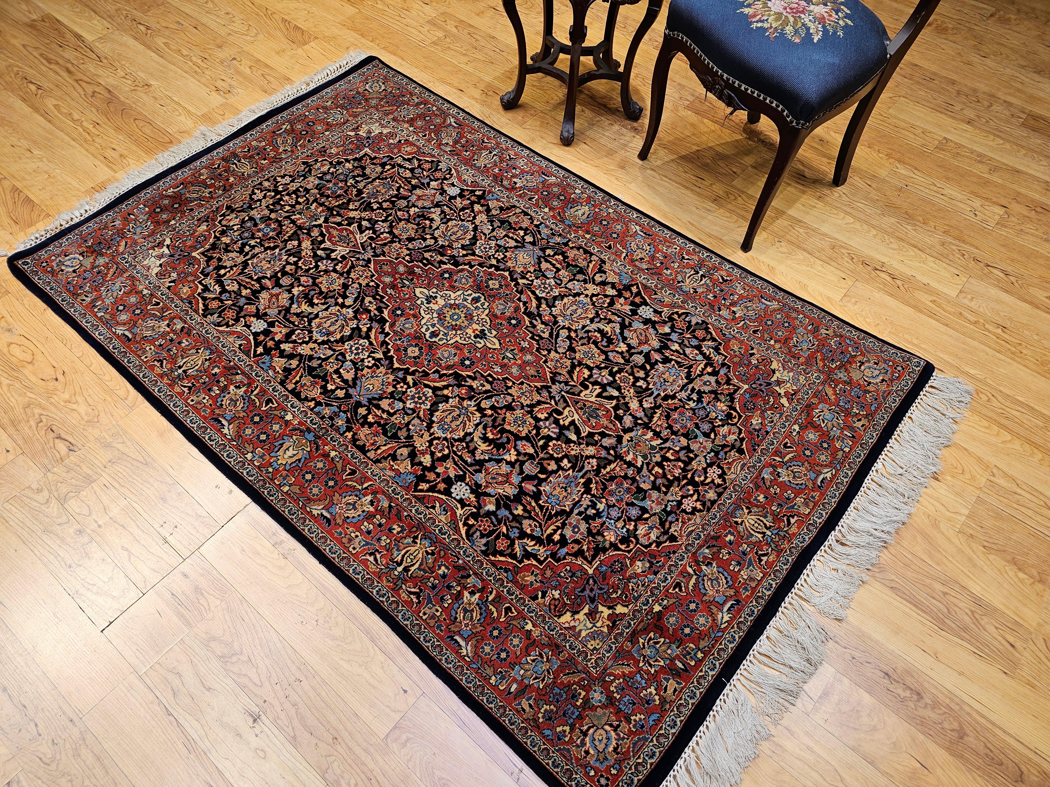 Persischer Kashan-Teppich im Vintage-Stil mit Blumenmuster in Marineblau, Ziegelstein, Blau, Grün im Angebot 4