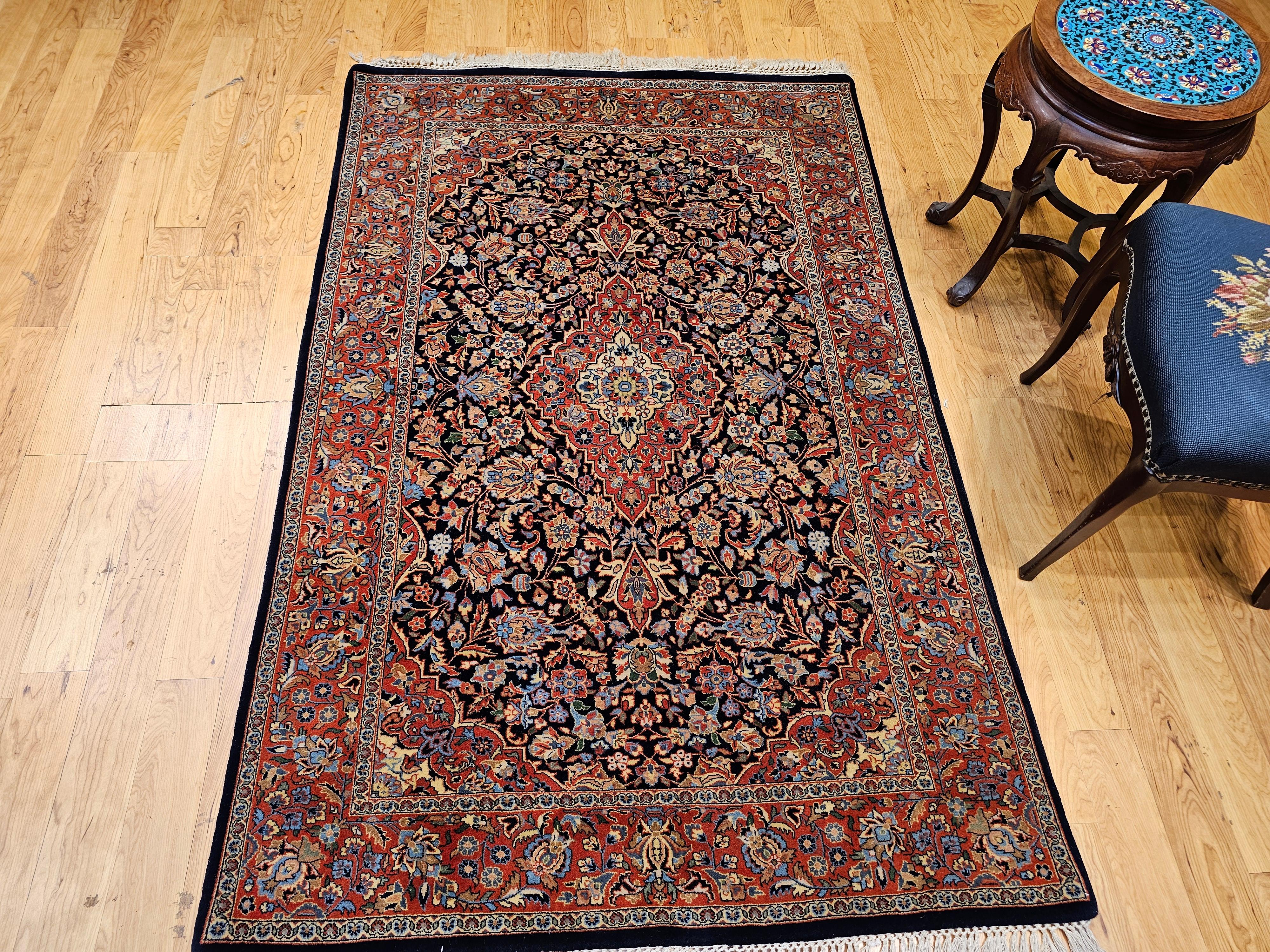 Persischer Kashan-Teppich im Vintage-Stil mit Blumenmuster in Marineblau, Ziegelstein, Blau, Grün im Angebot 5