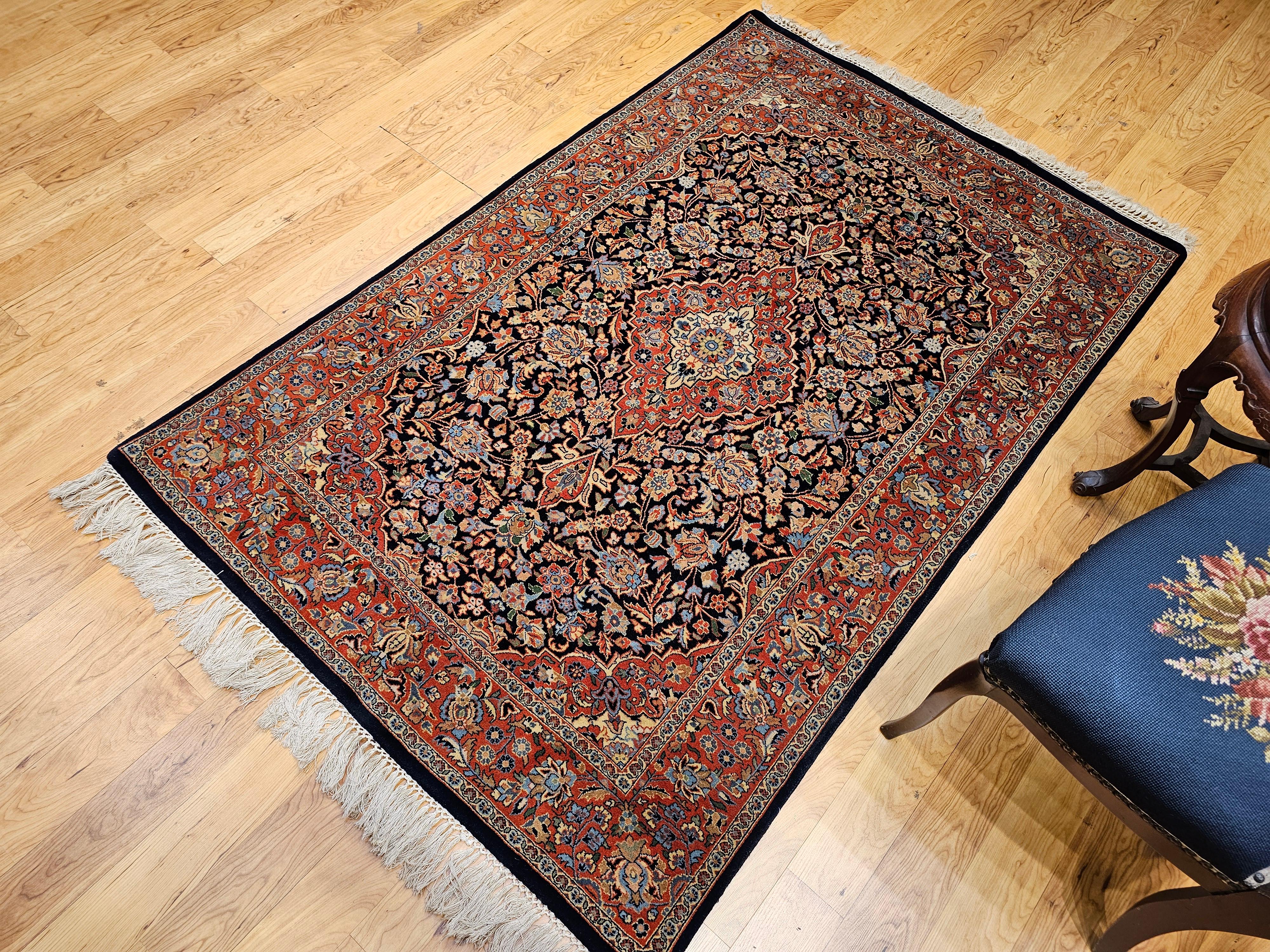 Persischer Kashan-Teppich im Vintage-Stil mit Blumenmuster in Marineblau, Ziegelstein, Blau, Grün im Angebot 6