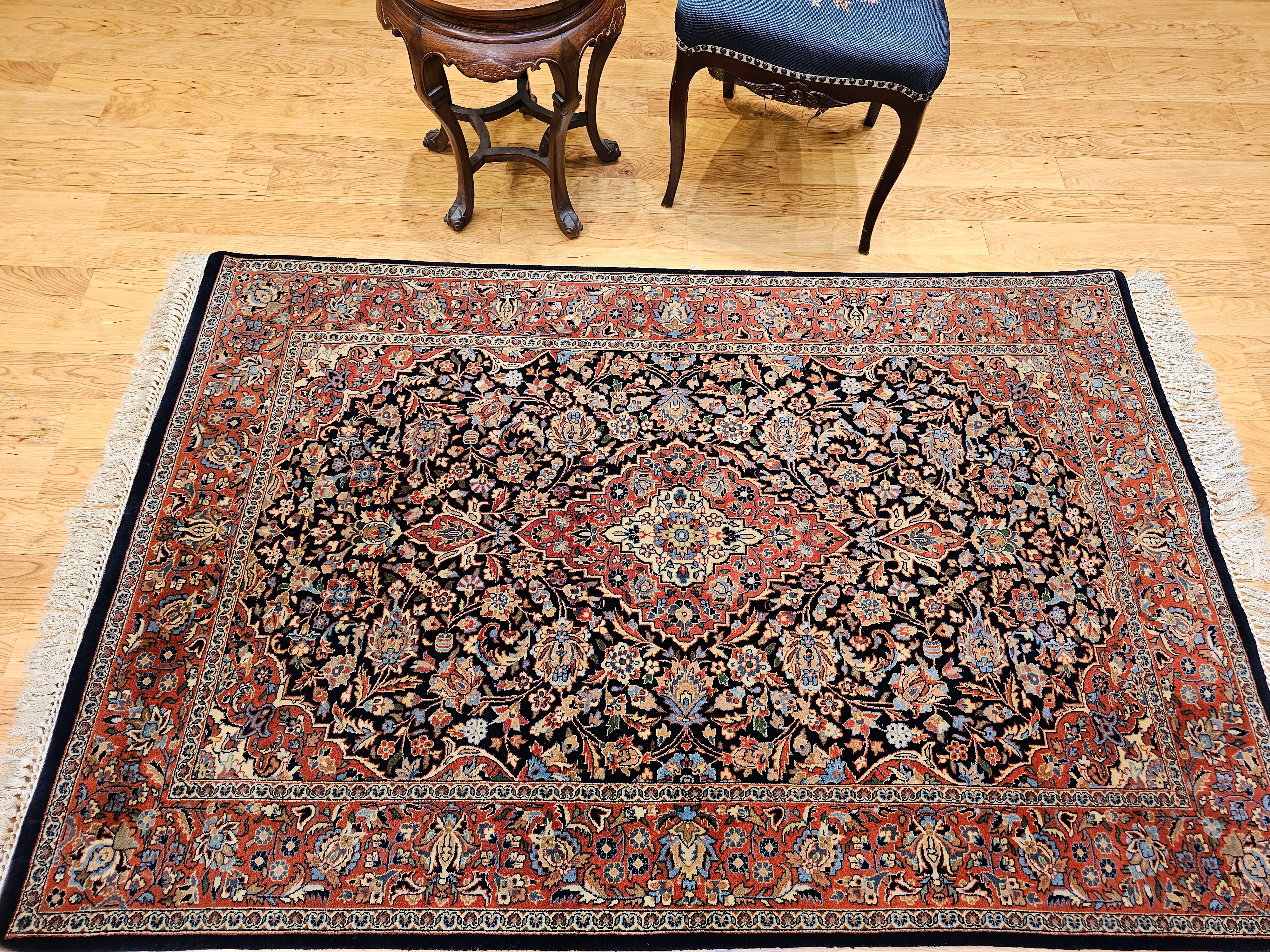 Persischer Kashan-Teppich im Vintage-Stil mit Blumenmuster in Marineblau, Ziegelstein, Blau, Grün im Angebot 7